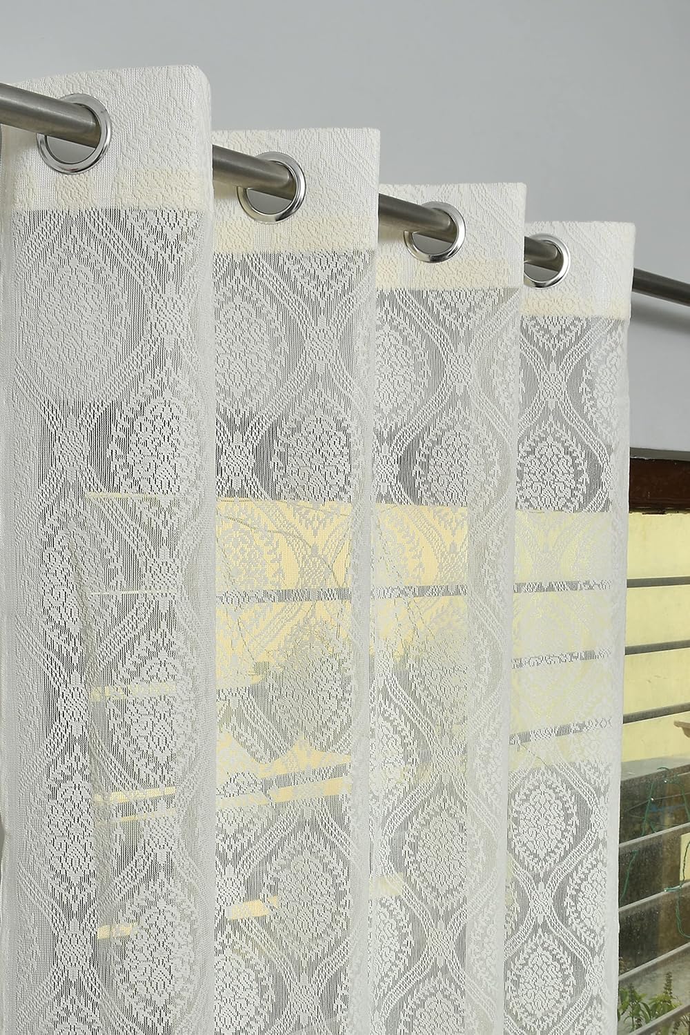 Fabrilia Polyester Sheer Net Damask Design Semi Transparent Eyelet Door Curtains 7 feet Long Set of 2 Cream