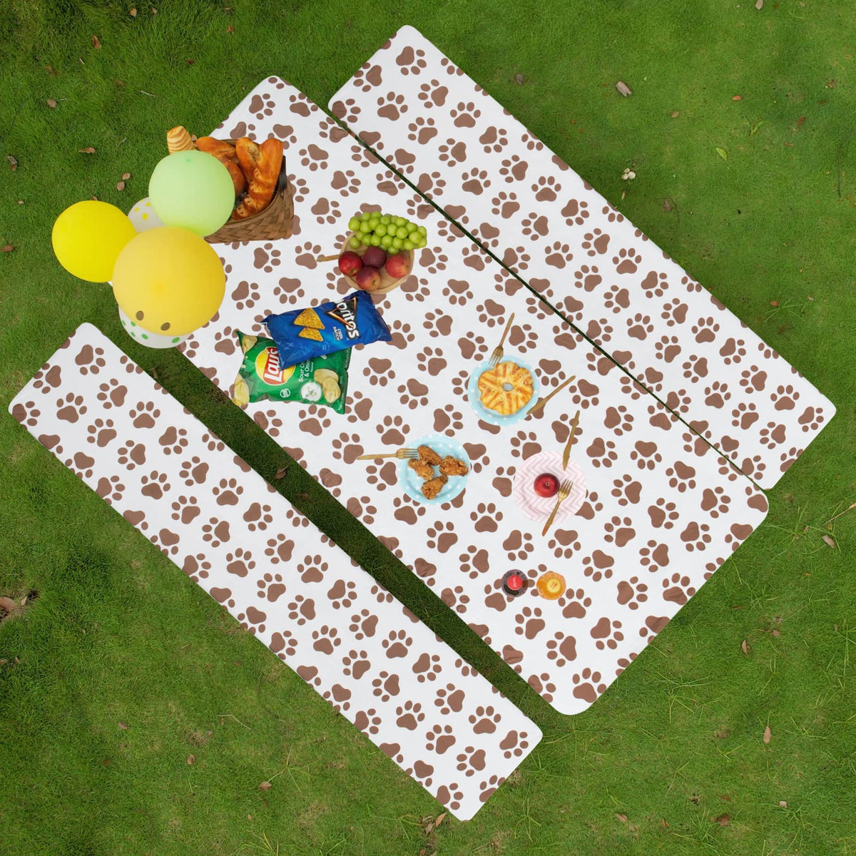 Easy-Going 100% Waterproof Picnic Outdoor Tablecloth With Bench Covers Fit 6 Foot Rectangle Table, 3-Piece Set Camping Table Cover With Seat Covers (30X72 In, Camel-Paw)