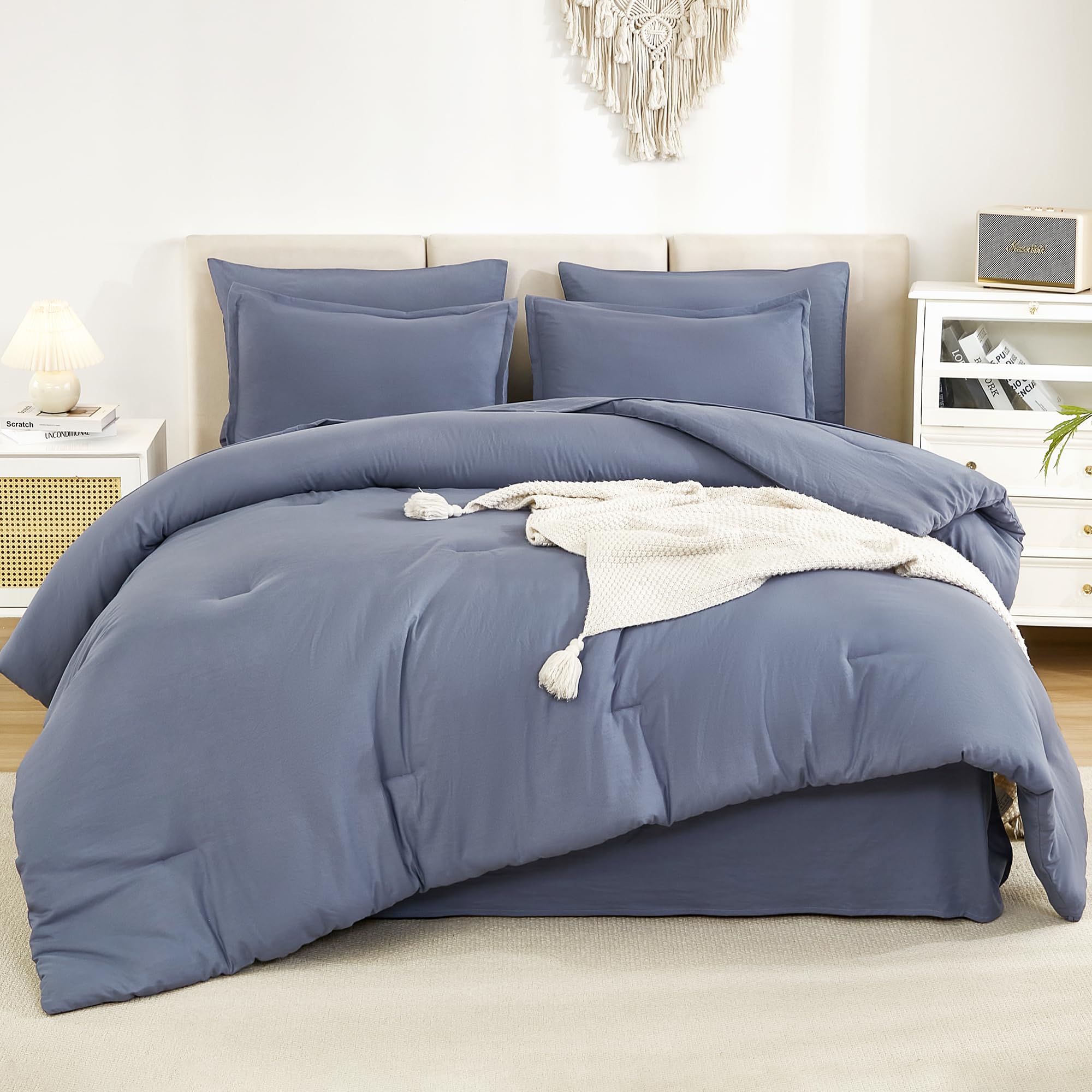 Litanika California King Comforter Set Bluish Grey - 7 Pieces Bed In A Bag Cal King Beddding Comforter Sets, Plain Lightweight B