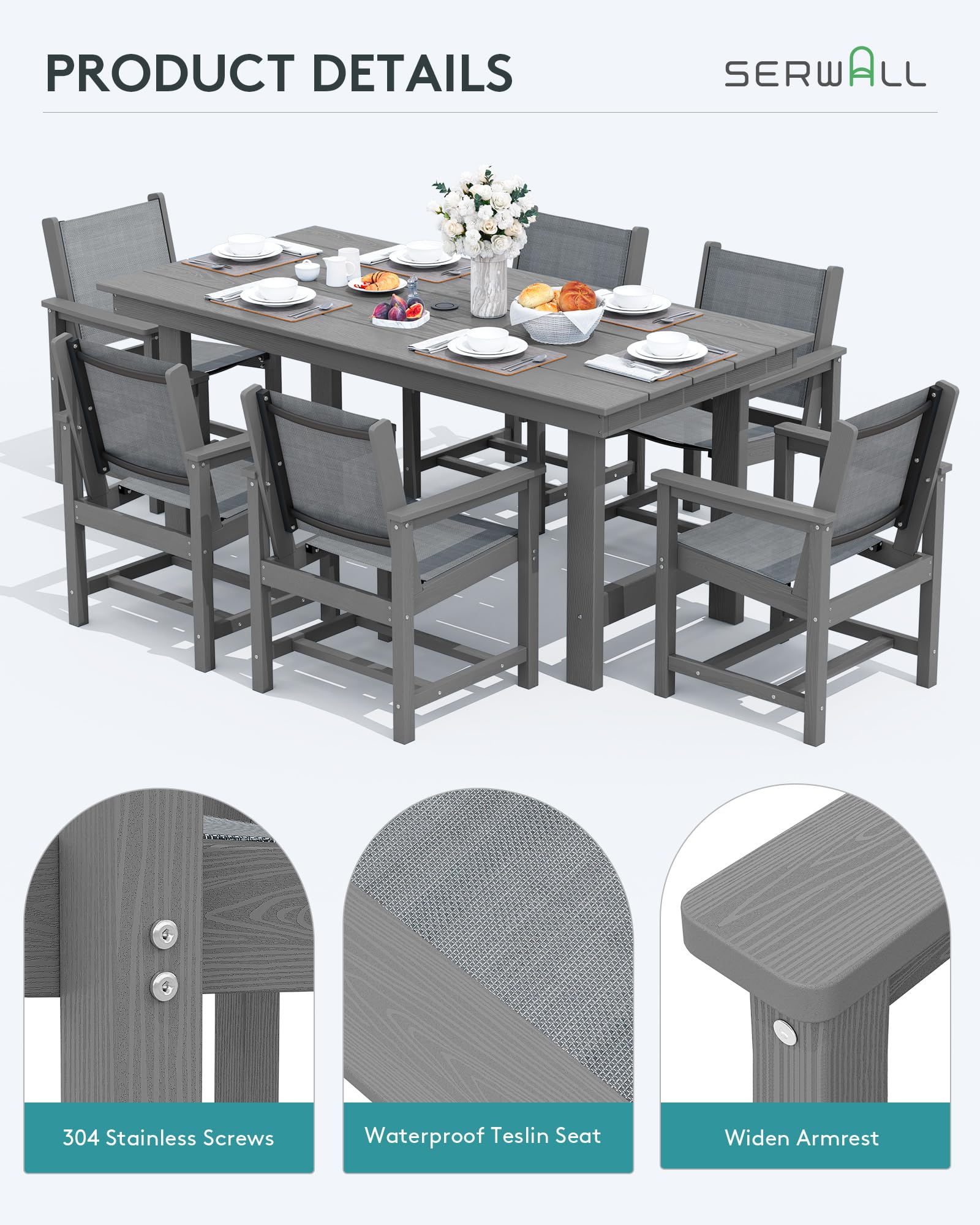 Serwall 5 Piece Outdoor Dining Table Sets For 4 With 1 Umbrella Hole Cut-Out Rectangular Table And 4 Textilene Chairs, Hdpe Dining Table Sets For Garden, Backyard, Poolside, Gray