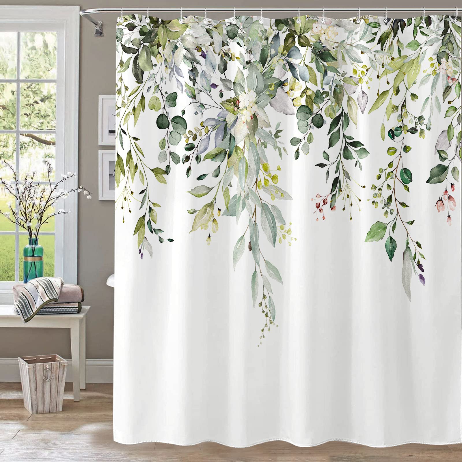 Kampdream Green Eucalyptus Plant Shower Curtain, Watercolor Leaves On The Top Shower Curtain, Sage Green Spring Botanical Bathro