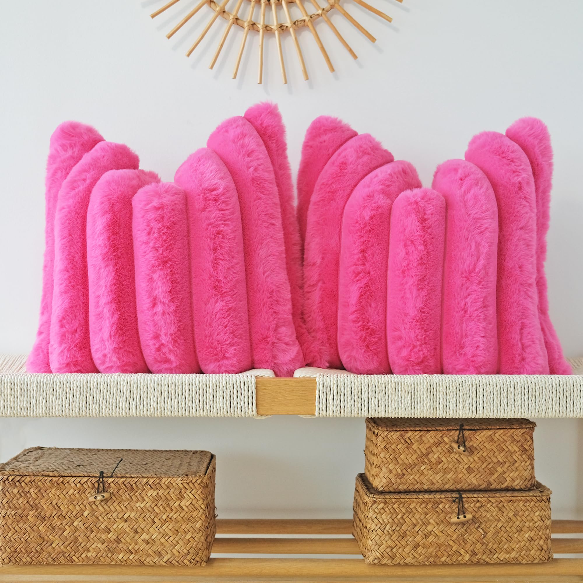 JOJUSIS Pack of 2 Faux Fur Plush Decorative Throw Pillow Covers Couch Cushion Case Soft Fluffy Pillowcases Wide Stripe (Hot Pink