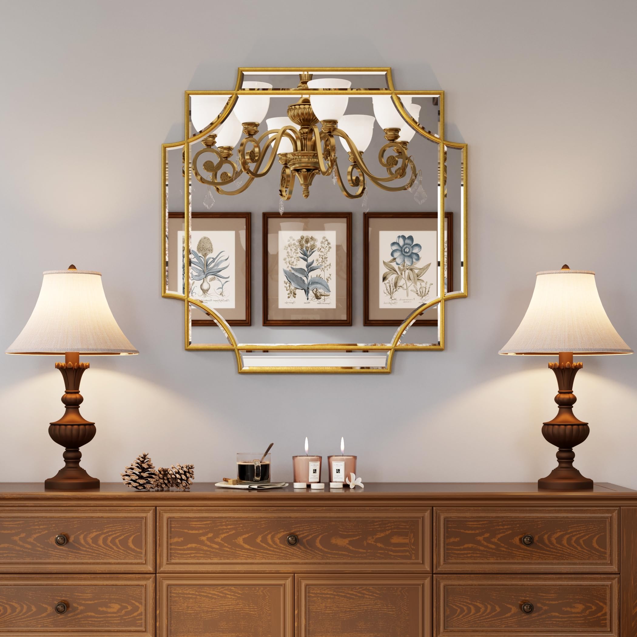 Kelly Miller Gold Framed Mirror For Wall, 26''X26'' Gold Square Wall Mirror Vanity Mirror Decorative Mirror Beveled Wall Decor F