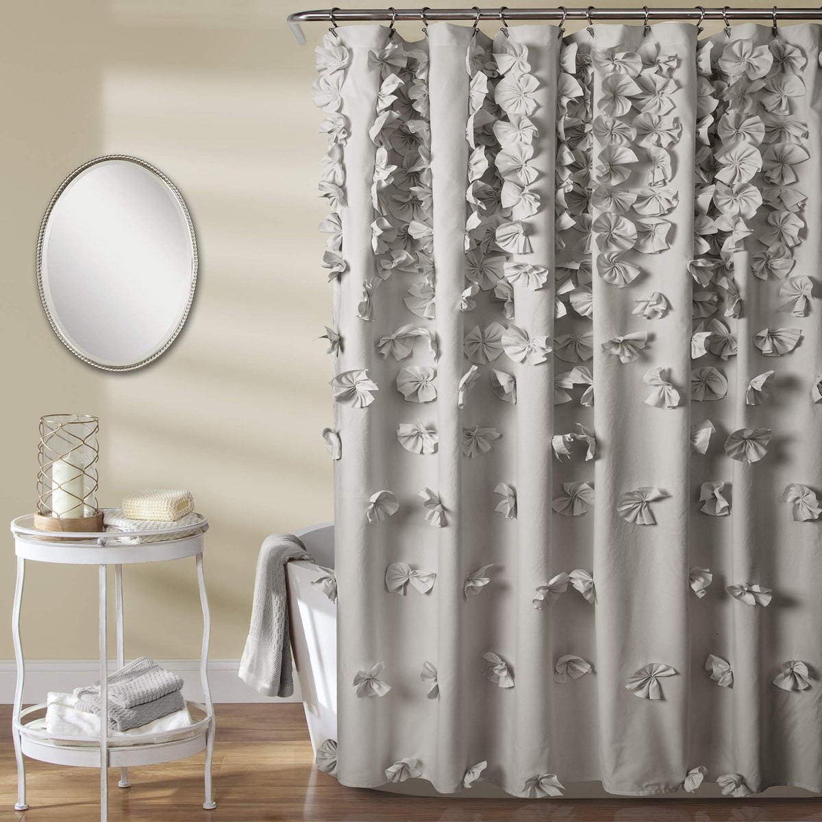 Lush Decor Riley Shower Curtain, 72' W X 72' L, Light Gray - Luxury Shower Curtain With Bows - Pretty Texture - Beautiful & El