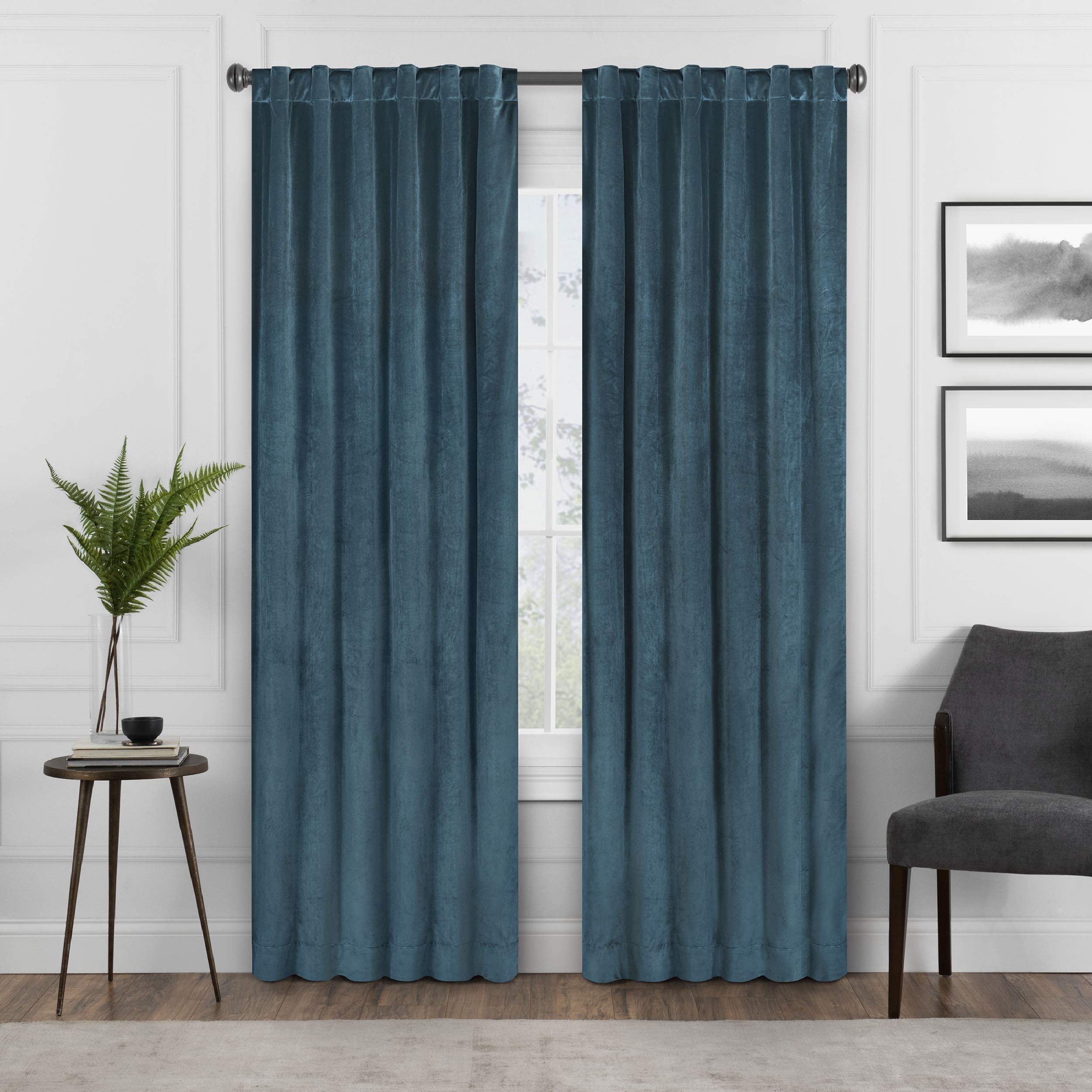 Eclipse Harper Velvet Rod Pocket Curtains for Bedroom, Single Panel, 50 in x 95 in, Teal