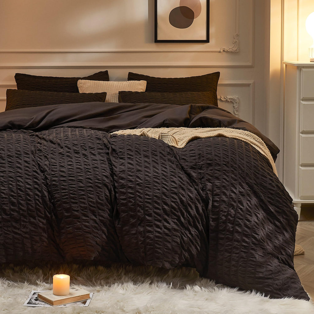 Jellymoni Black Duvet Cover Queen Size, 3Pcs Washed Microfiber Bedding Set, Soft Breathable Seersucker Duvet Cover Set With Zipp