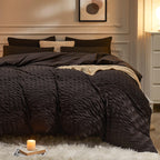 Jellymoni Black Duvet Cover Queen Size, 3Pcs Washed Microfiber Bedding Set, Soft Breathable Seersucker Duvet Cover Set With Zipp