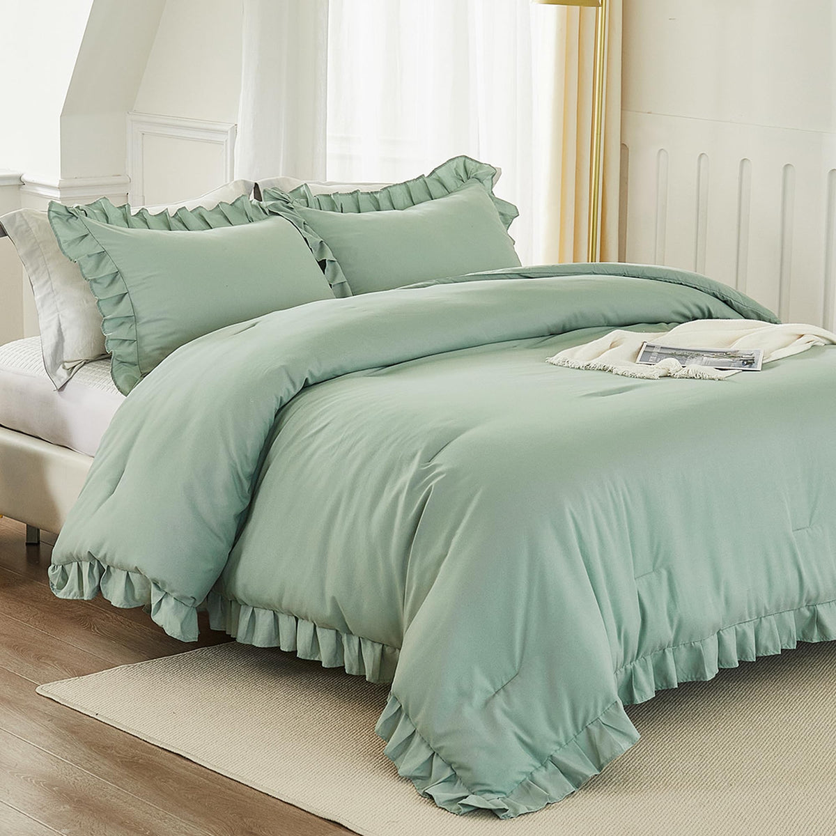 Andency Sage Green California King Comforter Set, 3 Pieces Farmhouse Shabby Chic Cal King Size Ruffle Bed Set, Oversized Soft Lightweight Microfiber Bedding Set