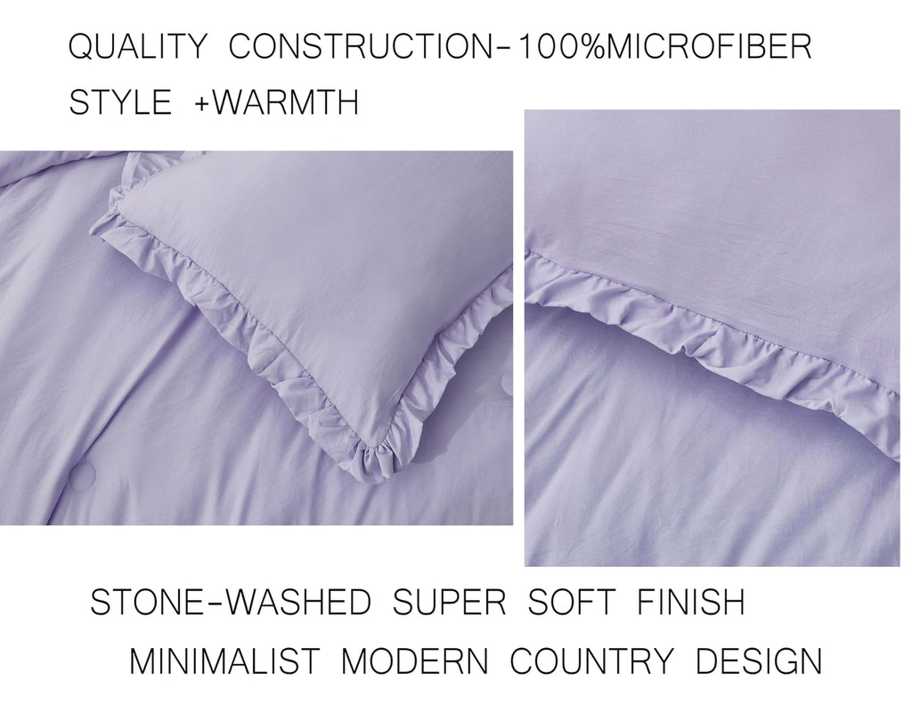 Chezmoi Collection Nora Lavender Comforter Set King Size 3-Piece Fluffy Soft Lightweight Bedding Ruffled Edge Trim Stone-Washed