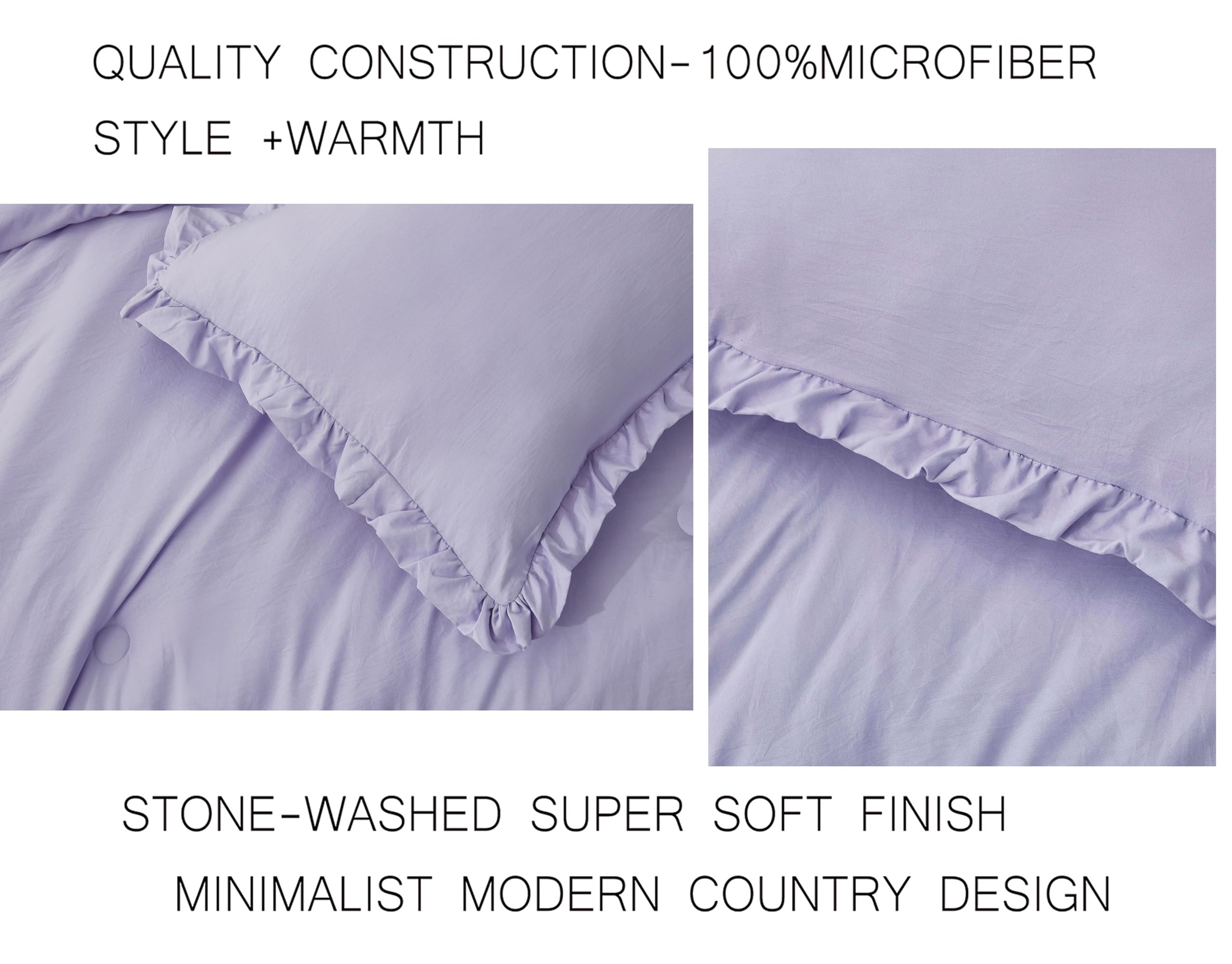 Chezmoi Collection Nora Lavender Comforter Set King Size 3-Piece Fluffy Soft Lightweight Bedding Ruffled Edge Trim Stone-Washed