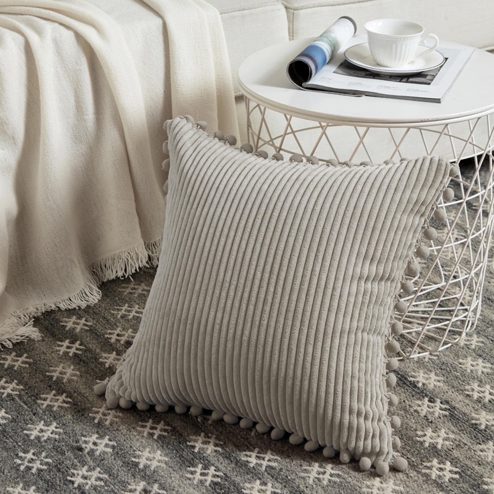 Fancy Homi 24X24 Pillow Covers, Pack Of 2 Neutral Taupe Throw Pillow Covers With Pom-Poms, Super Soft Corduroy Square Solid Cush