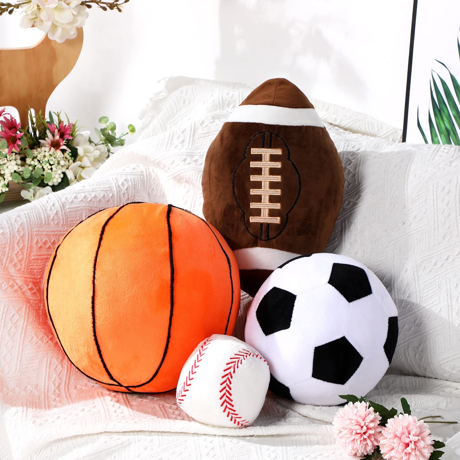 Sratte 4 Pcs Stuffed Sports Pillows Toy Set, Kids Soft Plush Basketball Soccer Ball Football Baseball Shaped Throw Pillow Cute C