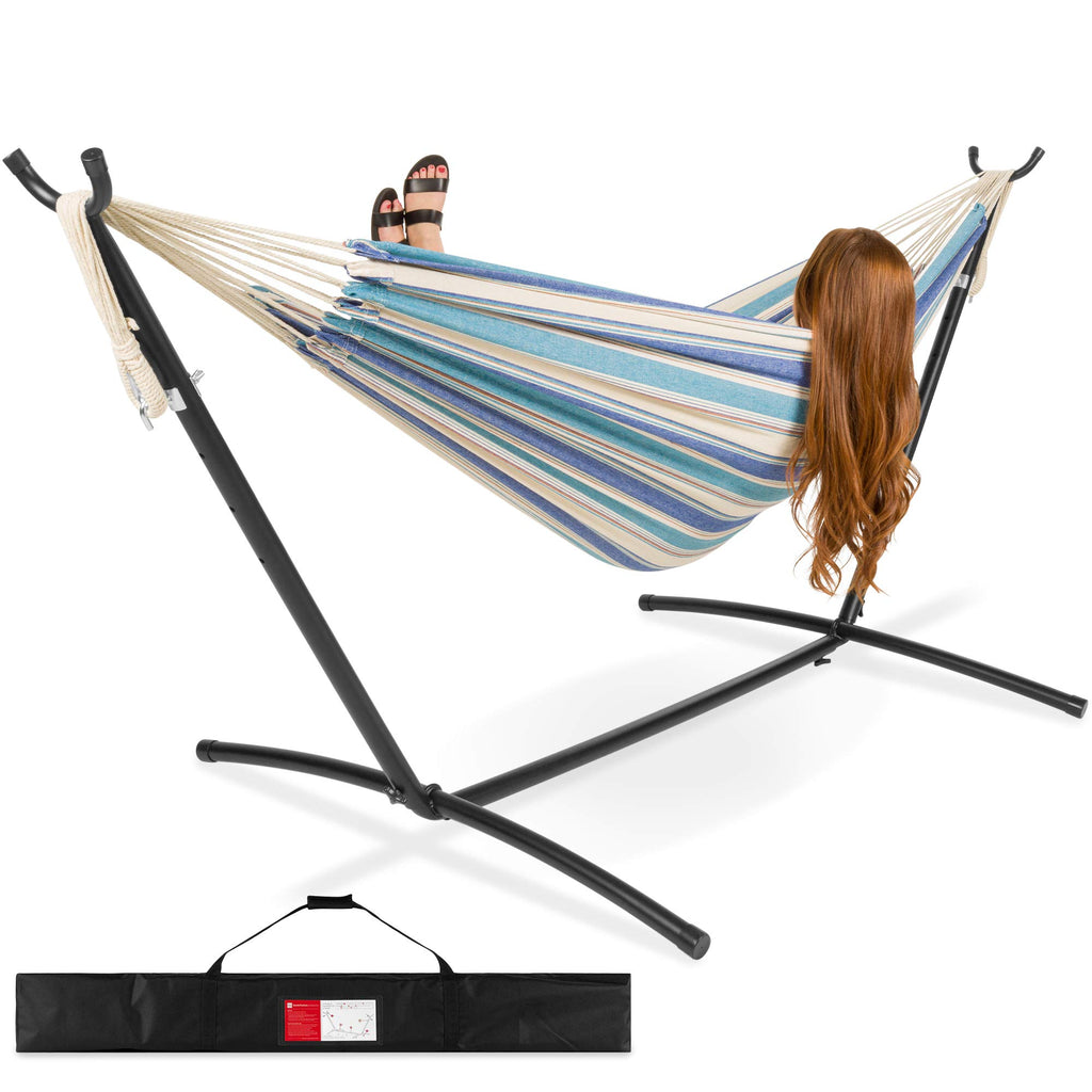 Best Choice Products 2-Person Double Hammock With Stand Set, Indoor Outdoor Brazilian-Style Cotton Bed For Backyard, Camping, Patio W/Carrying Bag, Steel Stand, 450Lb Weight Capacity - Ocean
