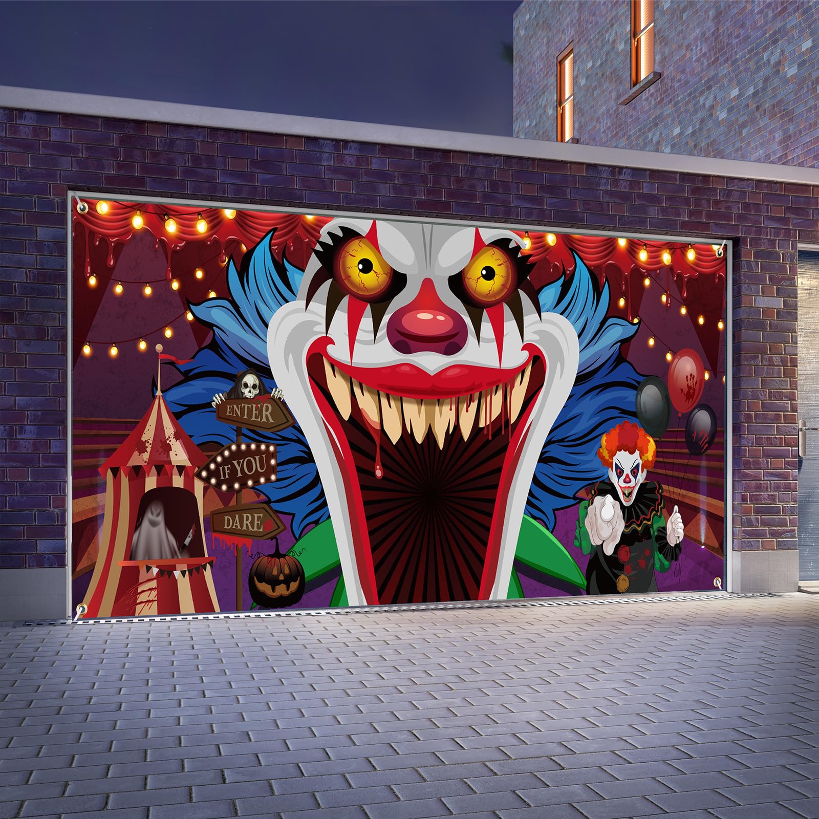 Ganeen 7 X 16 Ft Halloween Garage Door Cover Banner Clown Halloween Garage Door Decorations Horror Party Decorations For Garage