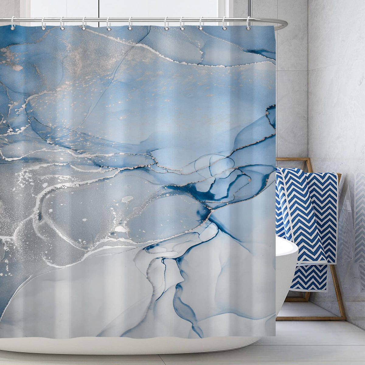 AWERT Blue Marble Shower Curtain for Bathroom Modern Blue White Marble Ink Shower Curtain with Hooks Washable Bathroom Accessori