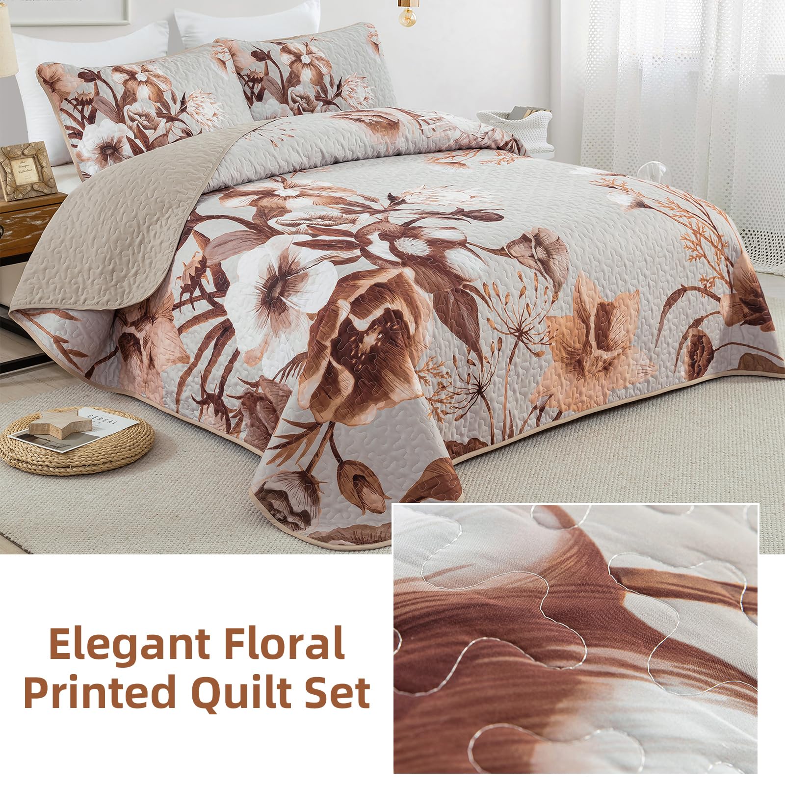 Drucon Khaki Floral Quilt Set Queen 3 Pieces Boho Flower Quilt Coverlet Set Soft Microfiber Lightweight Floral Quilted Bedspread