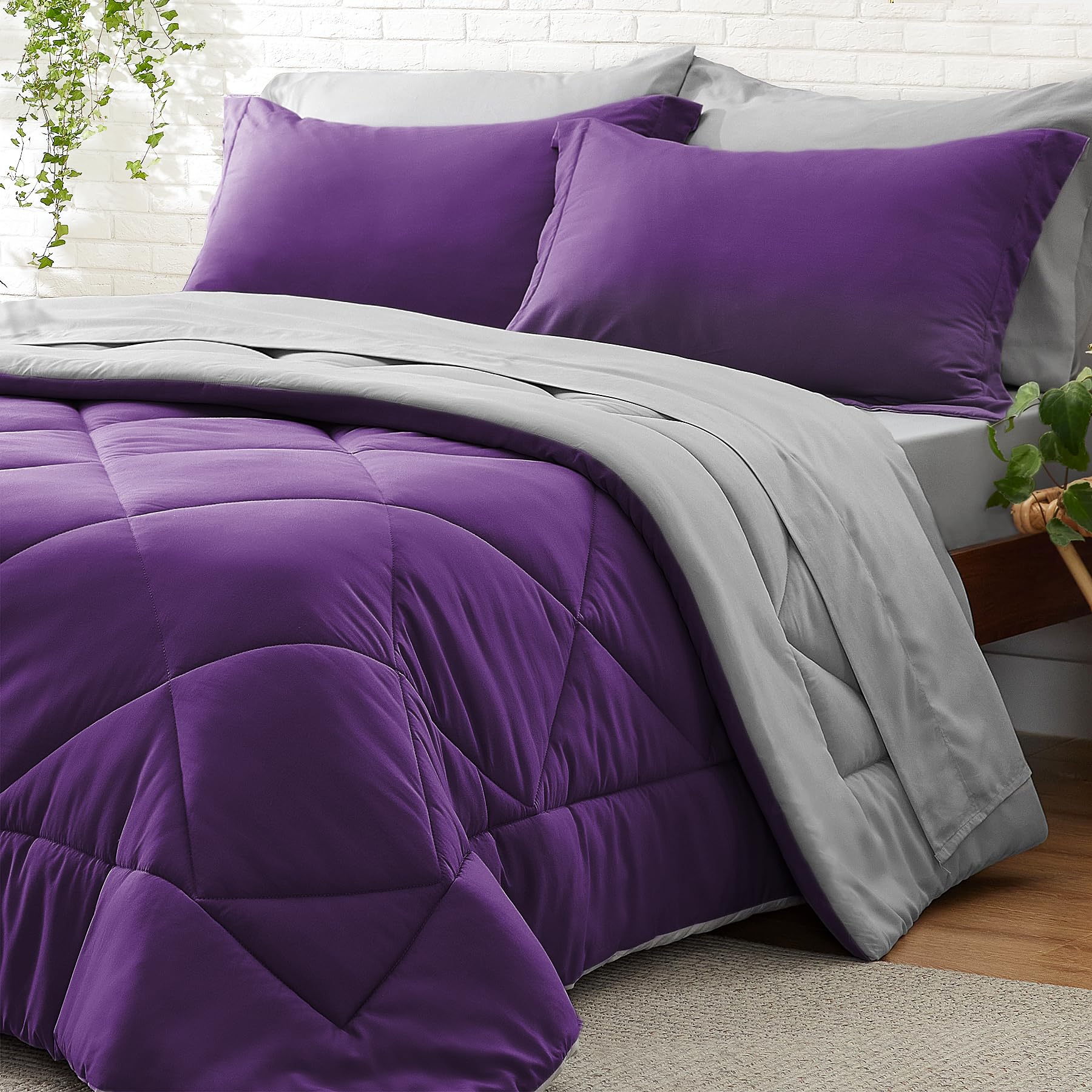 Bedelite King Size Comforter Set 7 Pieces Bed In A Bag - Soft Microfiber Reversible Purple Bed Set With Comforters, Sheets, Pill