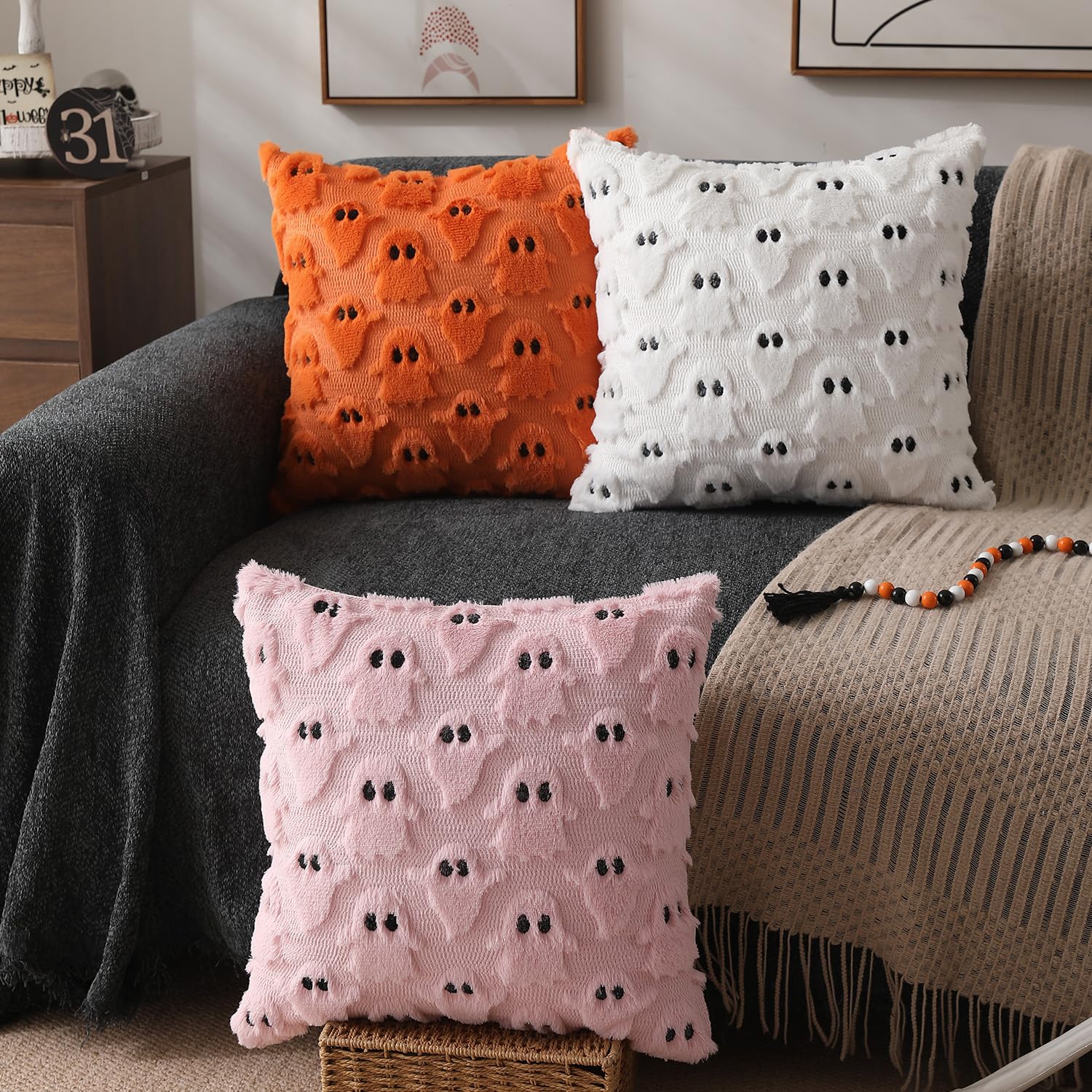 Dfxsz Halloween Pillow Covers 16X16 Inch Set Of 2 White Ghost Throw Pillow Cases Soft Plush Faux Fur Wool Couch Cushion Case For Chair Sofa Bedroom Living Room Home Decor Ptk03A16
