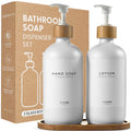 MaisoNovo Kitchen Soap Dispenser Set - Glass Soap Dispenser with Pump - White Bamboo White Pump 16.9 fl oz - Bathroom Soap Dispe