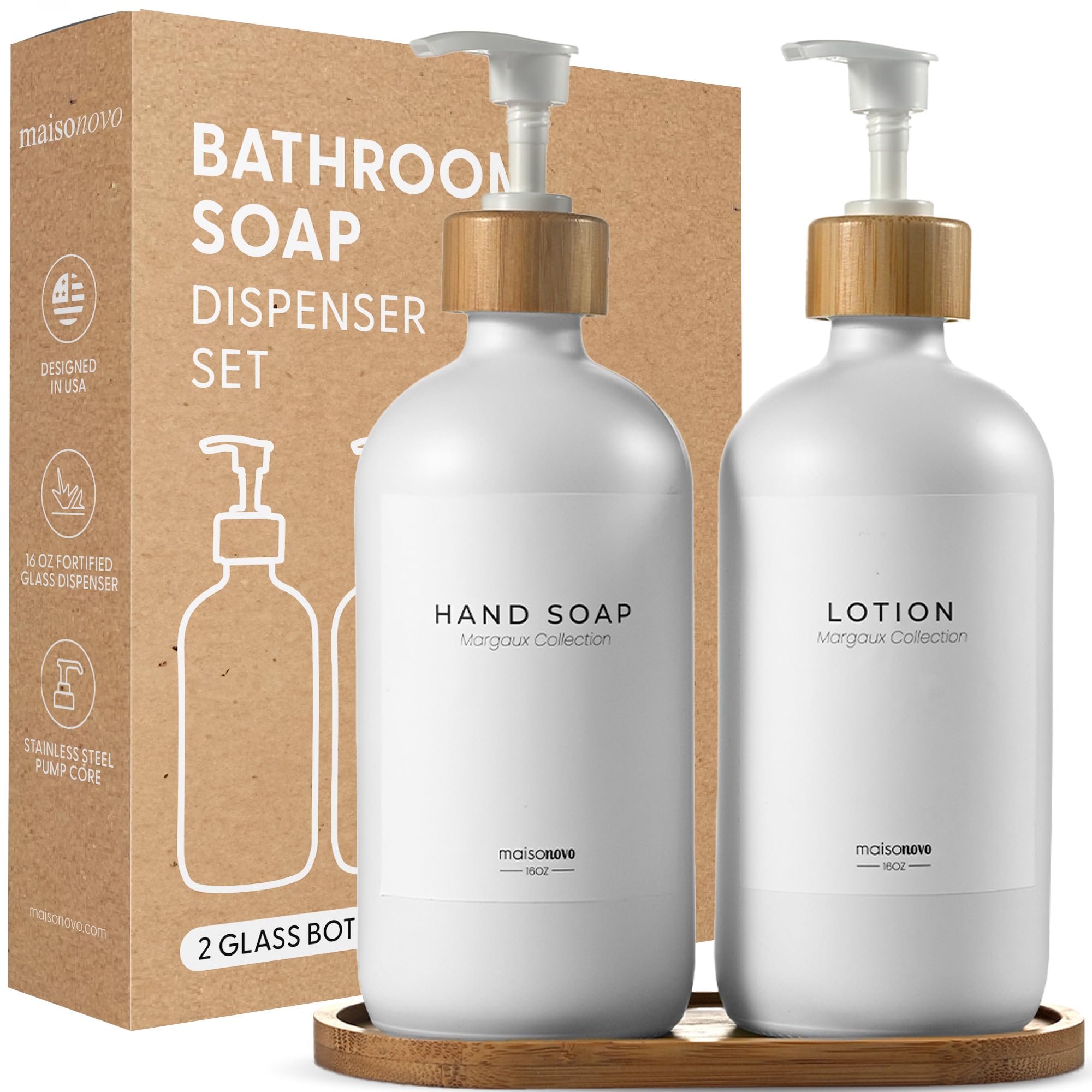 MaisoNovo Kitchen Soap Dispenser Set - Glass Soap Dispenser with Pump - White Bamboo White Pump 16.9 fl oz - Bathroom Soap Dispe