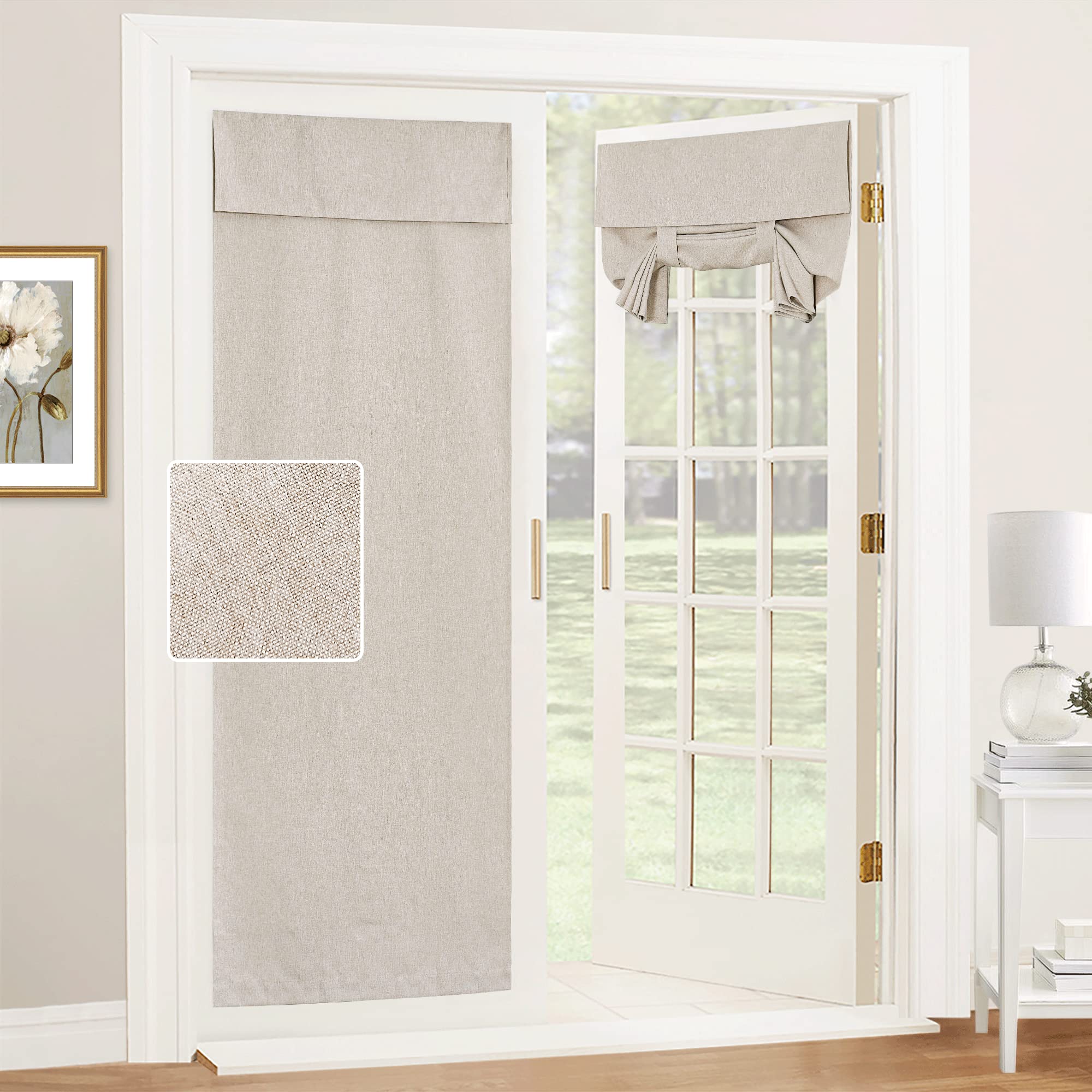 Ryb Home Linen Blended French Door Shades Self Adhesive, Privacy Room Darkening Glass Door Window Curtains For Kitchen Patio Door Sidelight Curtain Tie Up Shades, Wide 30 X Long 80 Inch, 1 Pc, Khaki