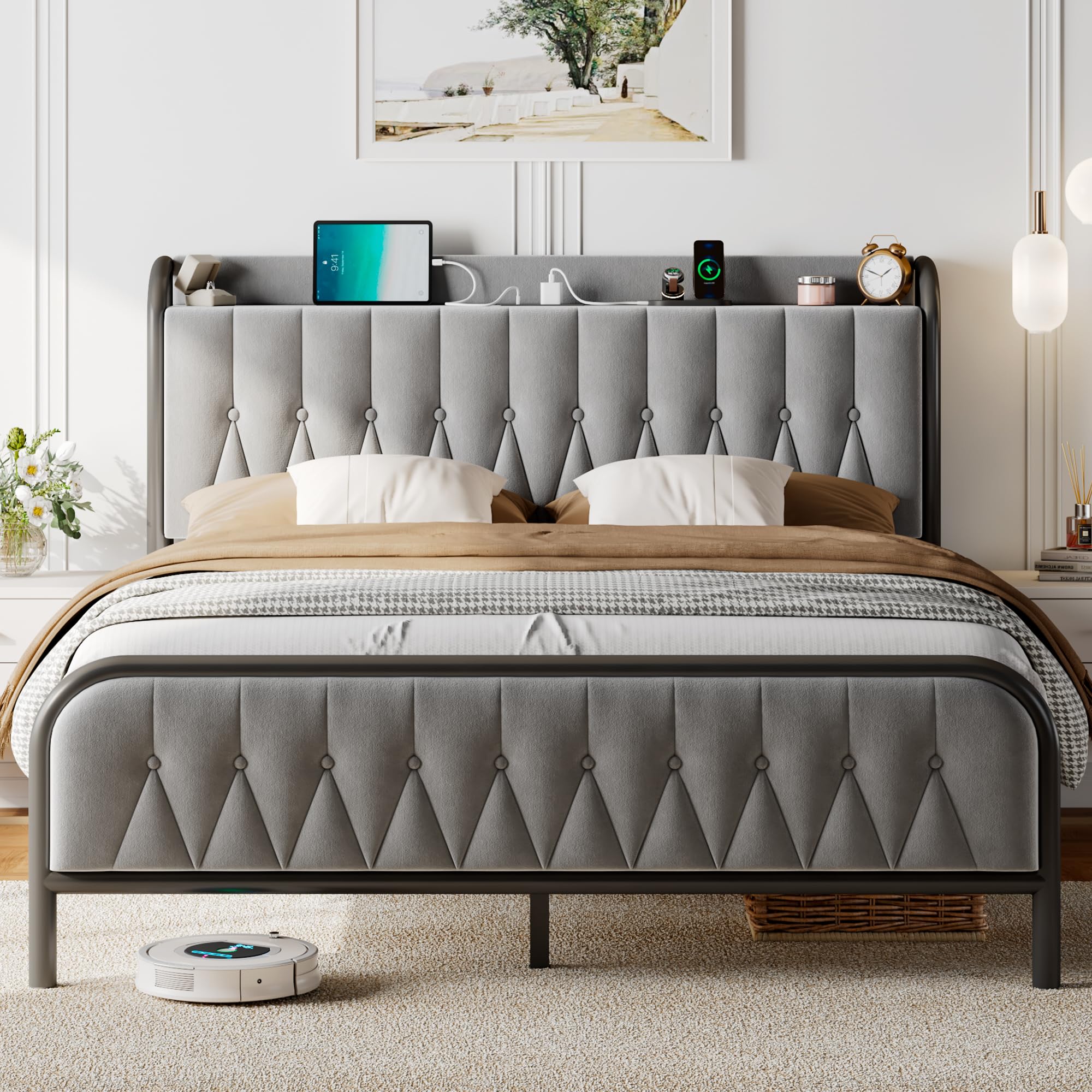 Feonase Velvet Queen Bed Frame With Fast Charging Station,Queen Size Metal Platform Beds With Upholstered Headboard & Footboard,12' Underbed Storage Space,Easy Assembly,Noise-Free,Grey