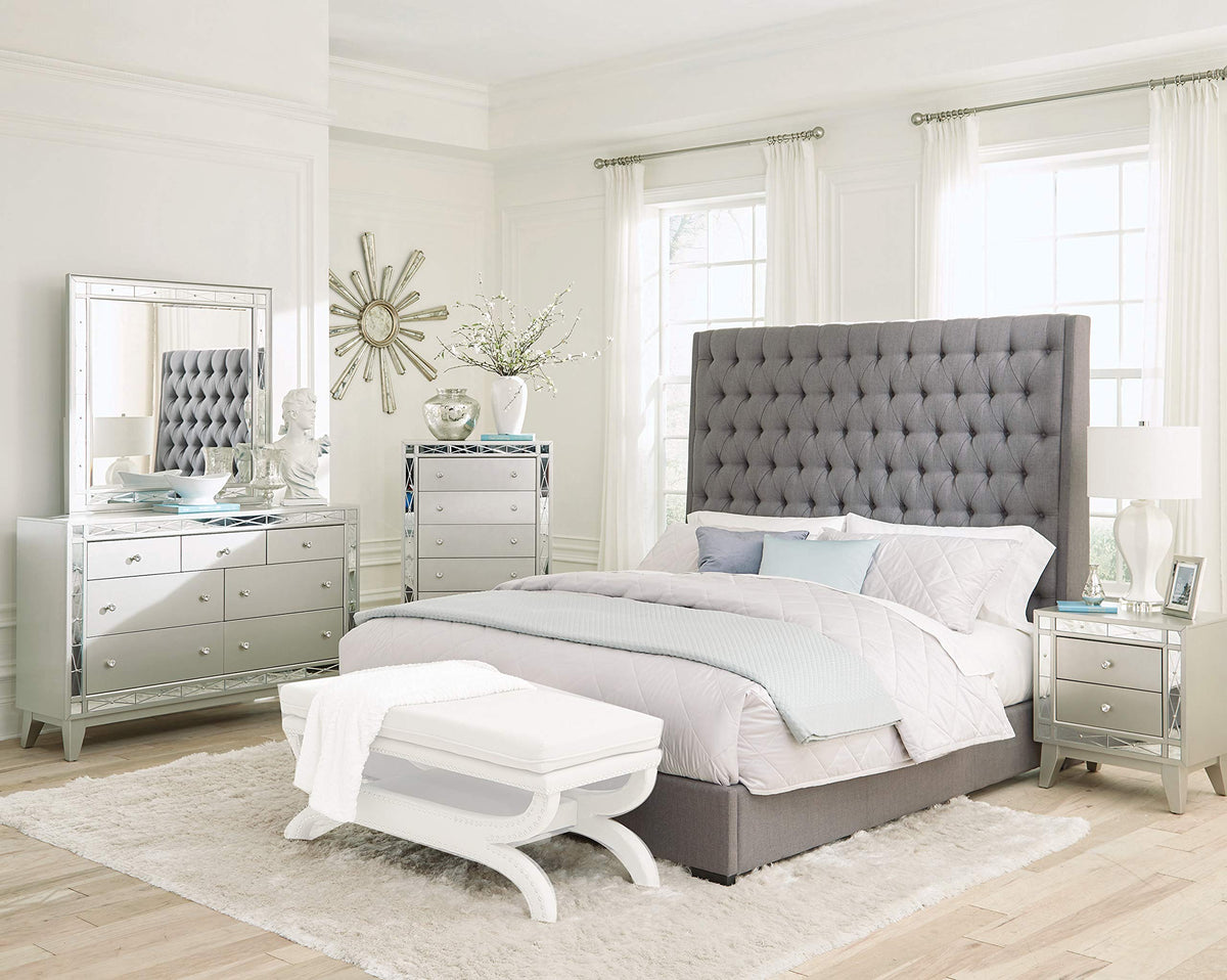 Coaster Home Furnishings Camille Modern Classic 5-Piece Bedroom Set Fabric Upholstered Queen Size Panel Bed Frame 71-Inch Headboard Metallic Mercury 300621Q-S5