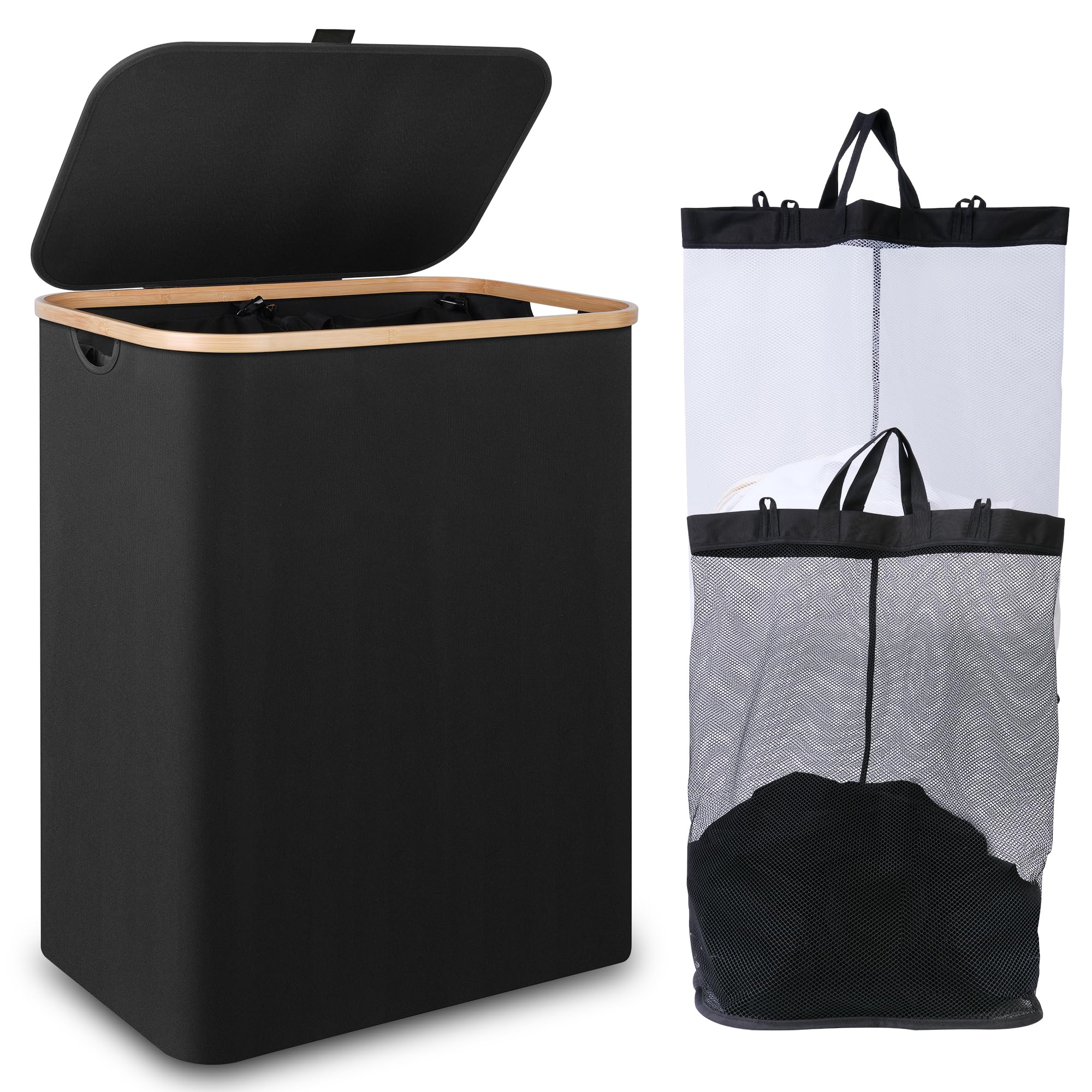 iEGrow 150L Laundry Basket with Lid,Large Laundry Hamper with Bamboo Handles, Hampers for Laundry, Dirty Clothes Hamper with 2 R