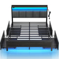 Rolanstar Bed Frame Queen Size With Charging Station And Led Lights, Upholstered Storage Headboard With Drawers, Heavy Duty Metal Slats, No Box Spring Needed, Noise Free, Easy Assembly, Dark Grey