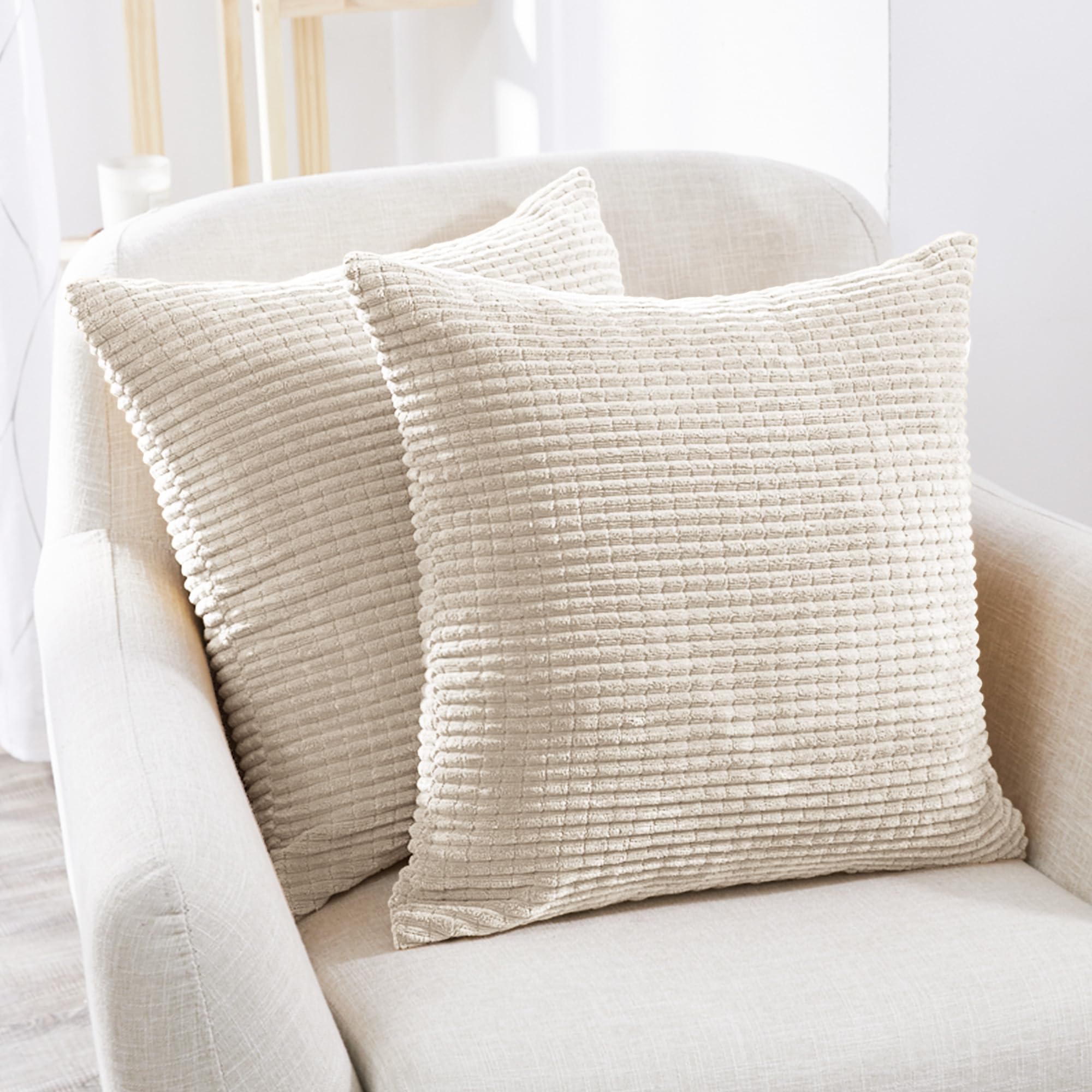 Deconovo Throw Pillow Covers Corduroy 18X18 Inch Cream Stripe Pattern Square Soft Cushion Covers For Couch Bedroom Sofa Living R