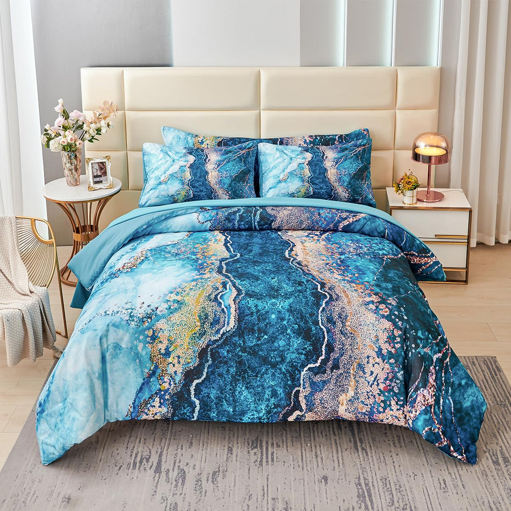 Perfemet 6 Pcs Teal Marble Comforter Set Queen Watercolor Marble Printed Quilt Set Luxury Retro Artwork Style Teal And Gold Bed