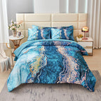 Perfemet 6 Pcs Teal Marble Comforter Set Queen Watercolor Marble Printed Quilt Set Luxury Retro Artwork Style Teal And Gold Bed