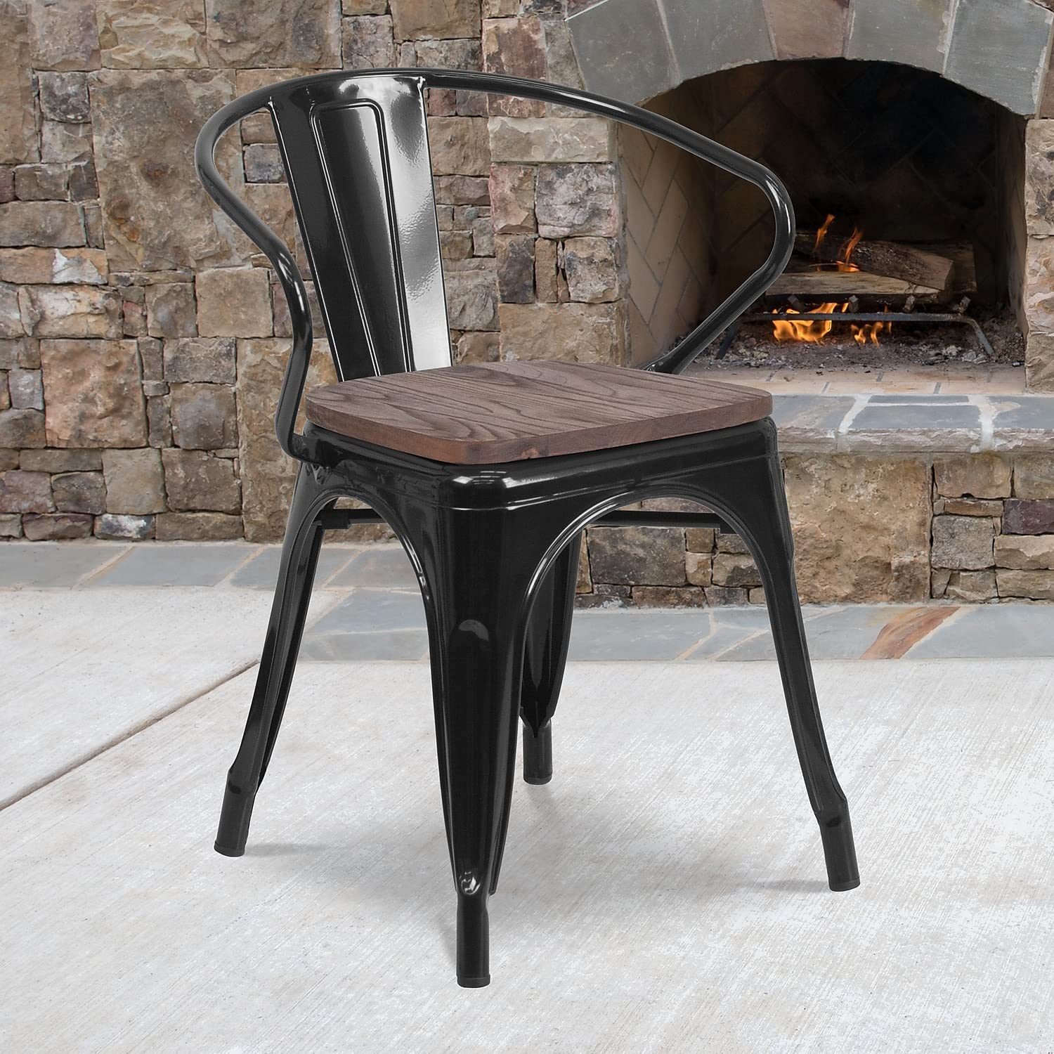 Flash Furniture Black Metal Chair With Wood Seat And Arms