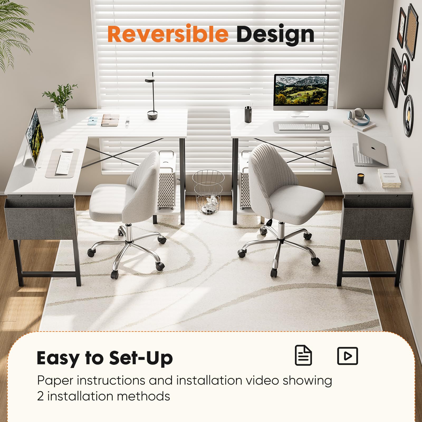 Sweetcrispy L Shaped Computer Desk - Gaming Corner 50 Inch Pc White Writing Study Student Table With Wooden Desktop Cpu Stand Side Bag Reversible For Home Office Room Small Space, White