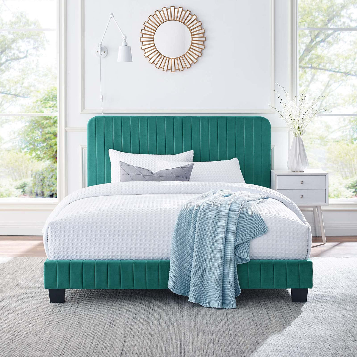 Modway Celine Channel Tufted Performance Velvet Twin Platform Bed in Teal