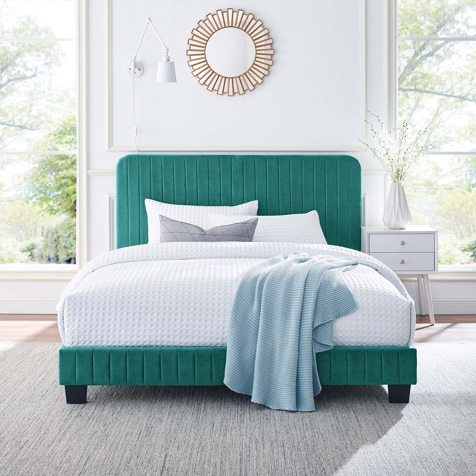 Modway Celine Channel Tufted Performance Velvet Queen Platform Bed in Teal