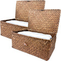 Shelf Storage Baskets with Lid, 2Pack Wicker Storage Bakset, Woven Seagrass Decorative Boxes Storage Basket, Coffee Small+Mediu