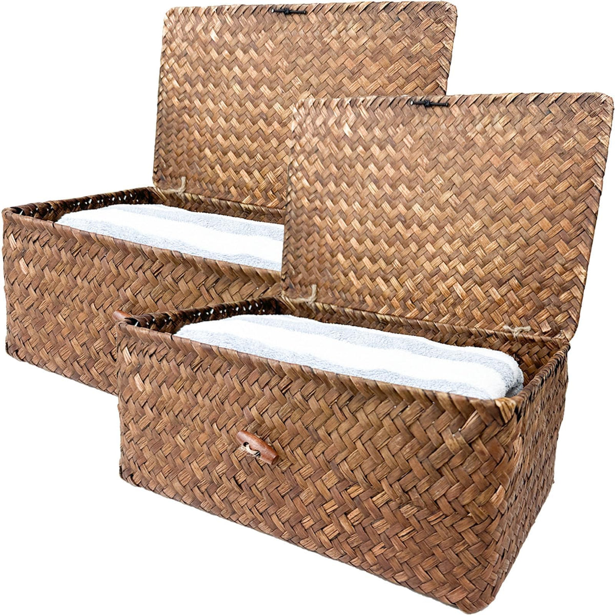 Shelf Storage Baskets with Lid, 2Pack Wicker Storage Bakset, Woven Seagrass Decorative Boxes Storage Basket, Coffee Small+Mediu