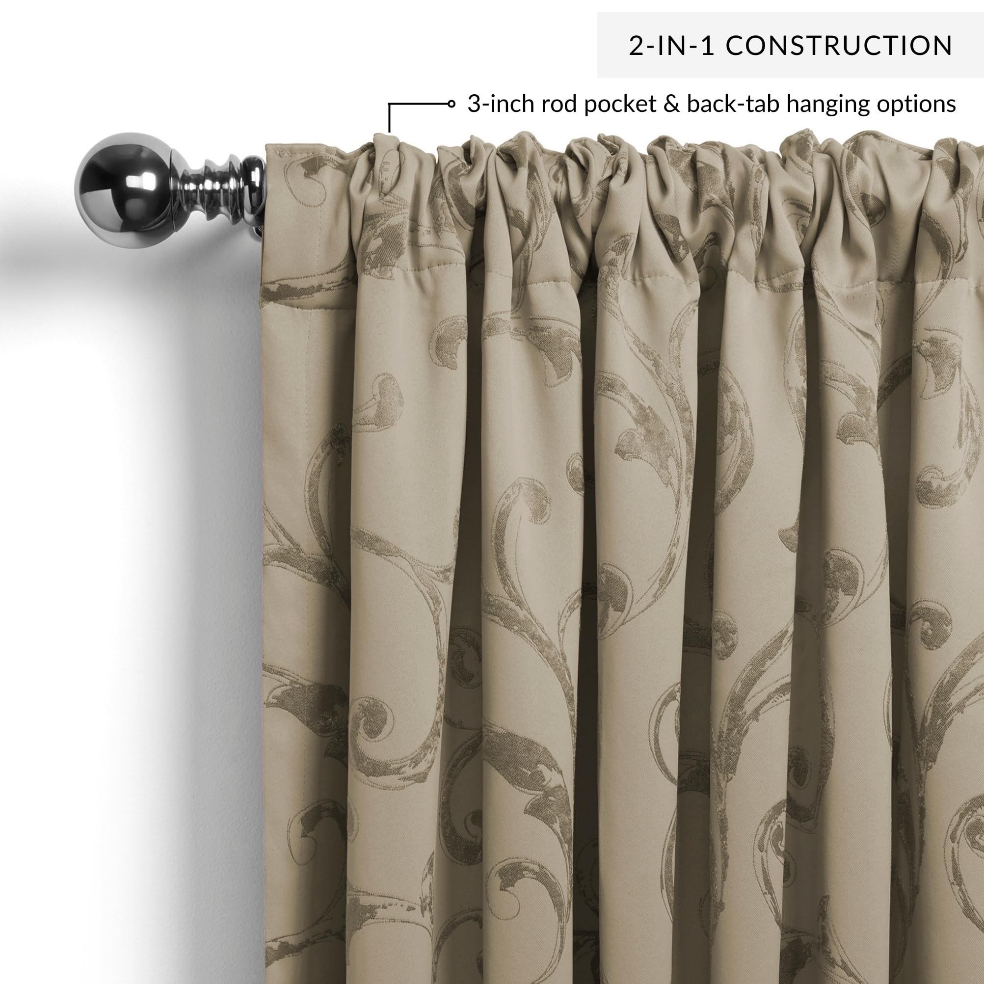 Elrene Home Fashions Mia Jacquard Scroll Blackout Window Curtain, 52'' X 84'' (1 Panel), Natural