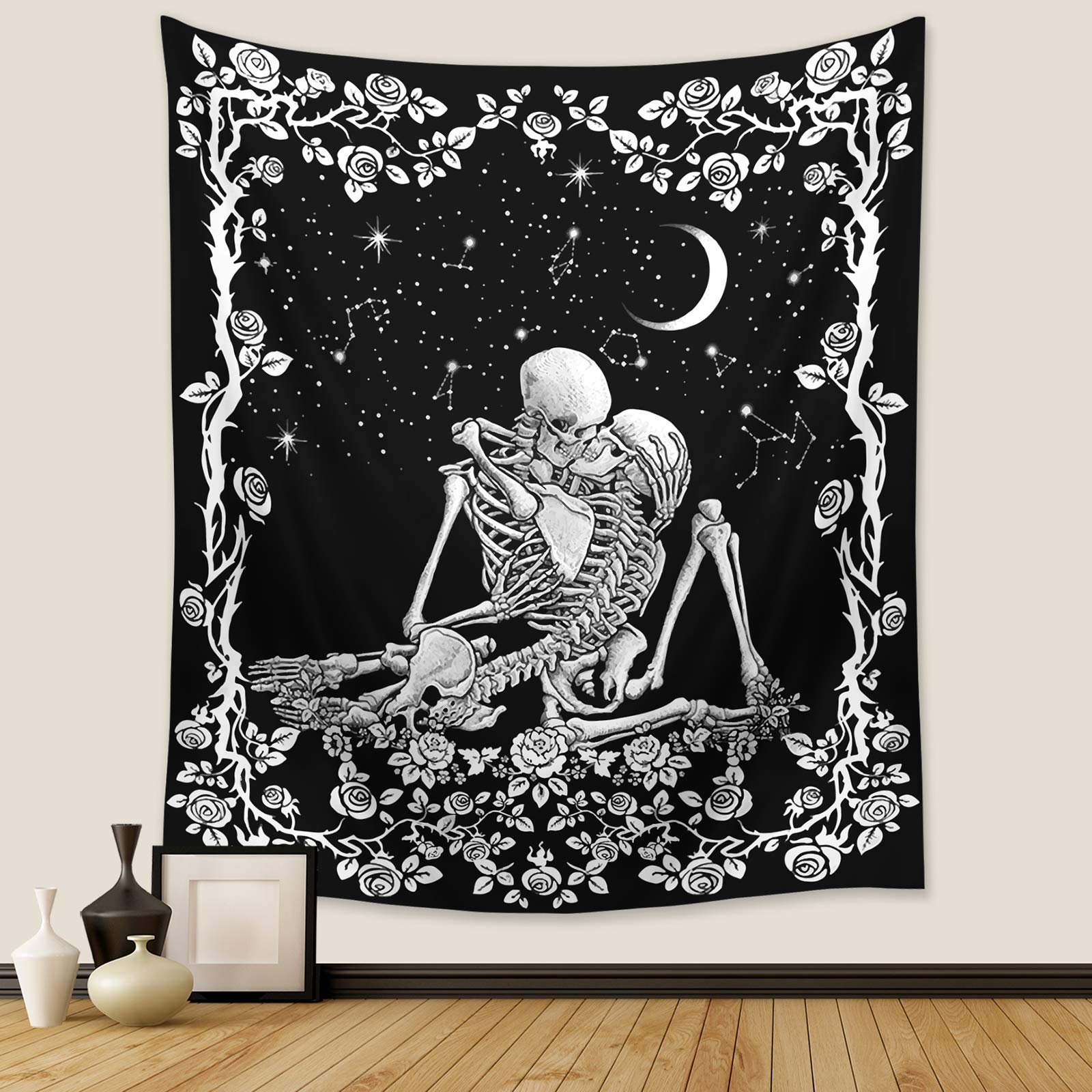 Wonrizon The Lovers Skull Tapestry,Black and White Romantic Constellation Skeleton Tapestries Wall Hanging decor for Living Room