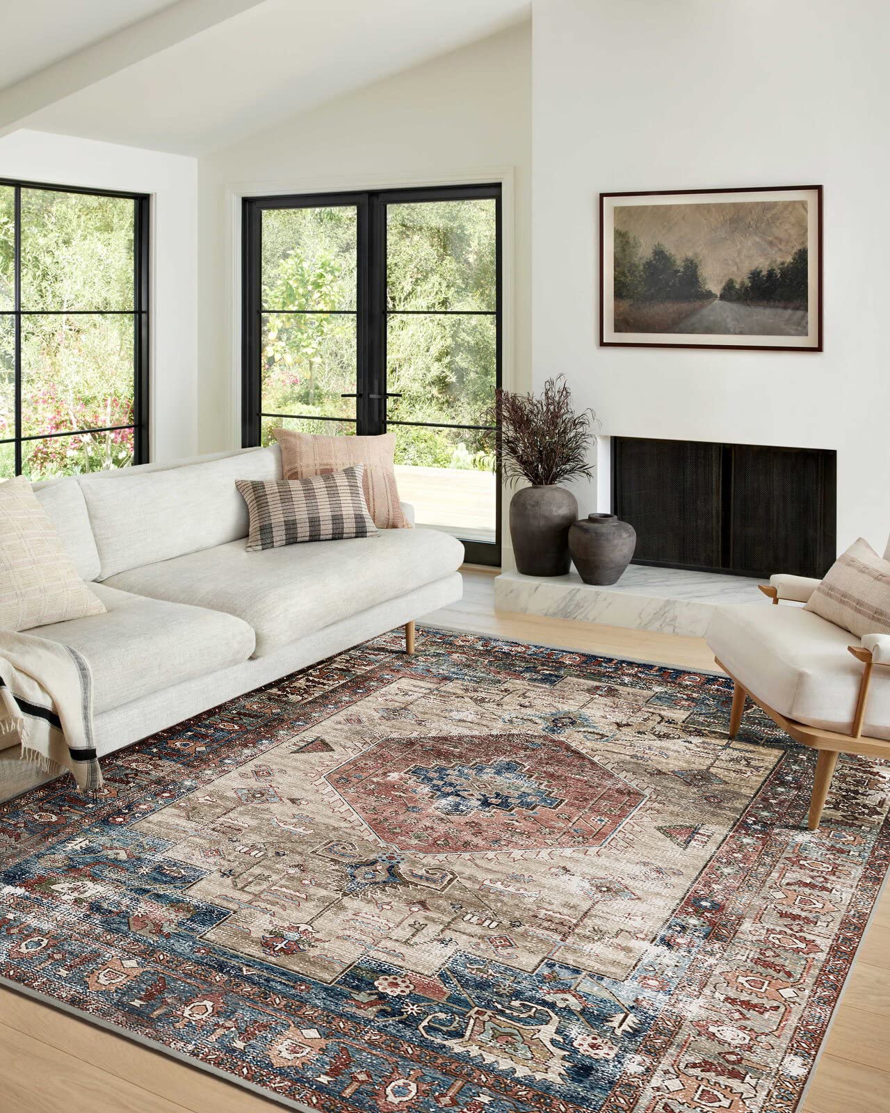 Vivorug Machine Washable Tribal Area Rug, 8x10, Distressed Medallion, Brick Red/Navy