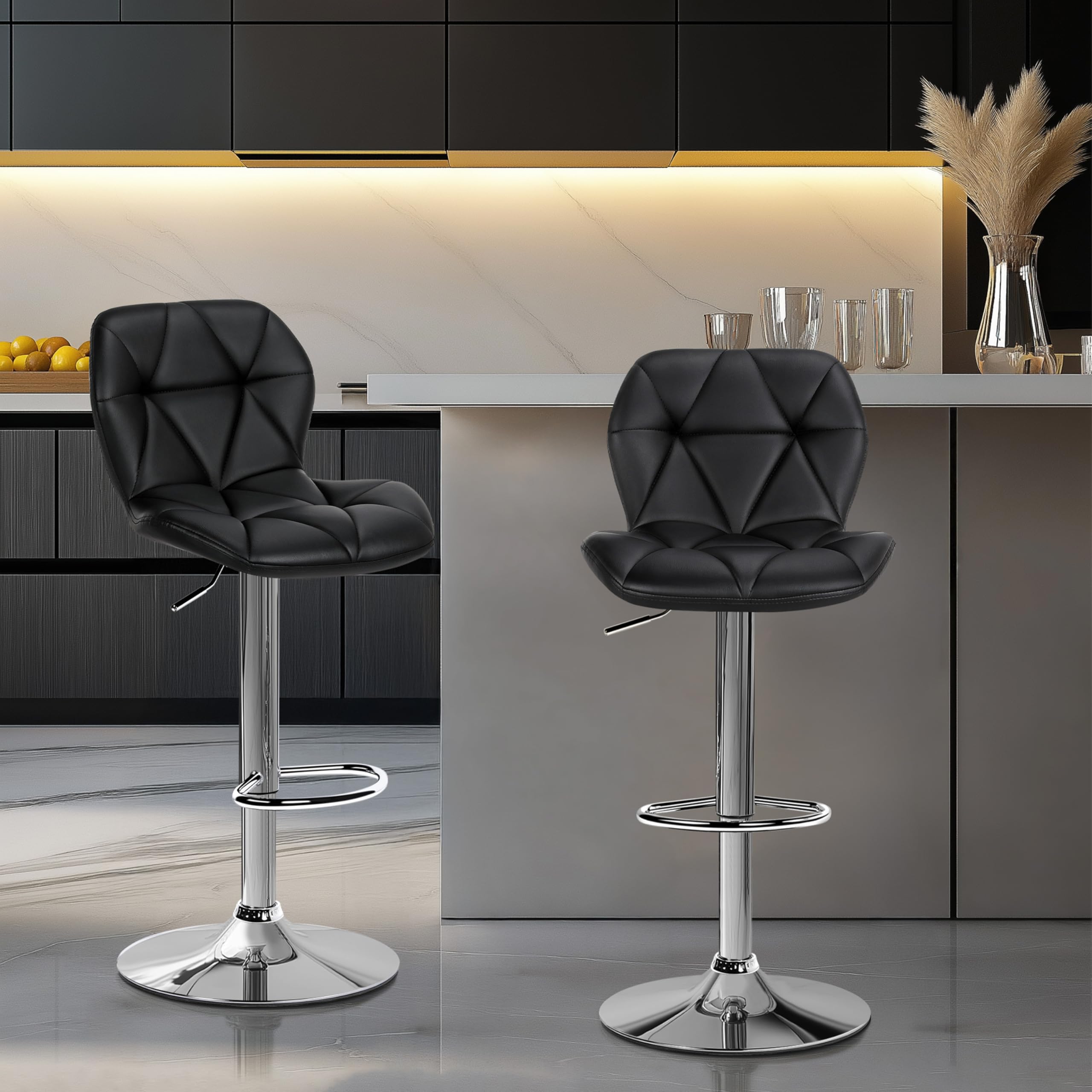 Yaheetech Bar Stools Set Of 2, Modern Adjustable Kitchen Island Chairs, Black Pu Leather Swivel Counter Stools For Bar, Kitchen Counter, Black