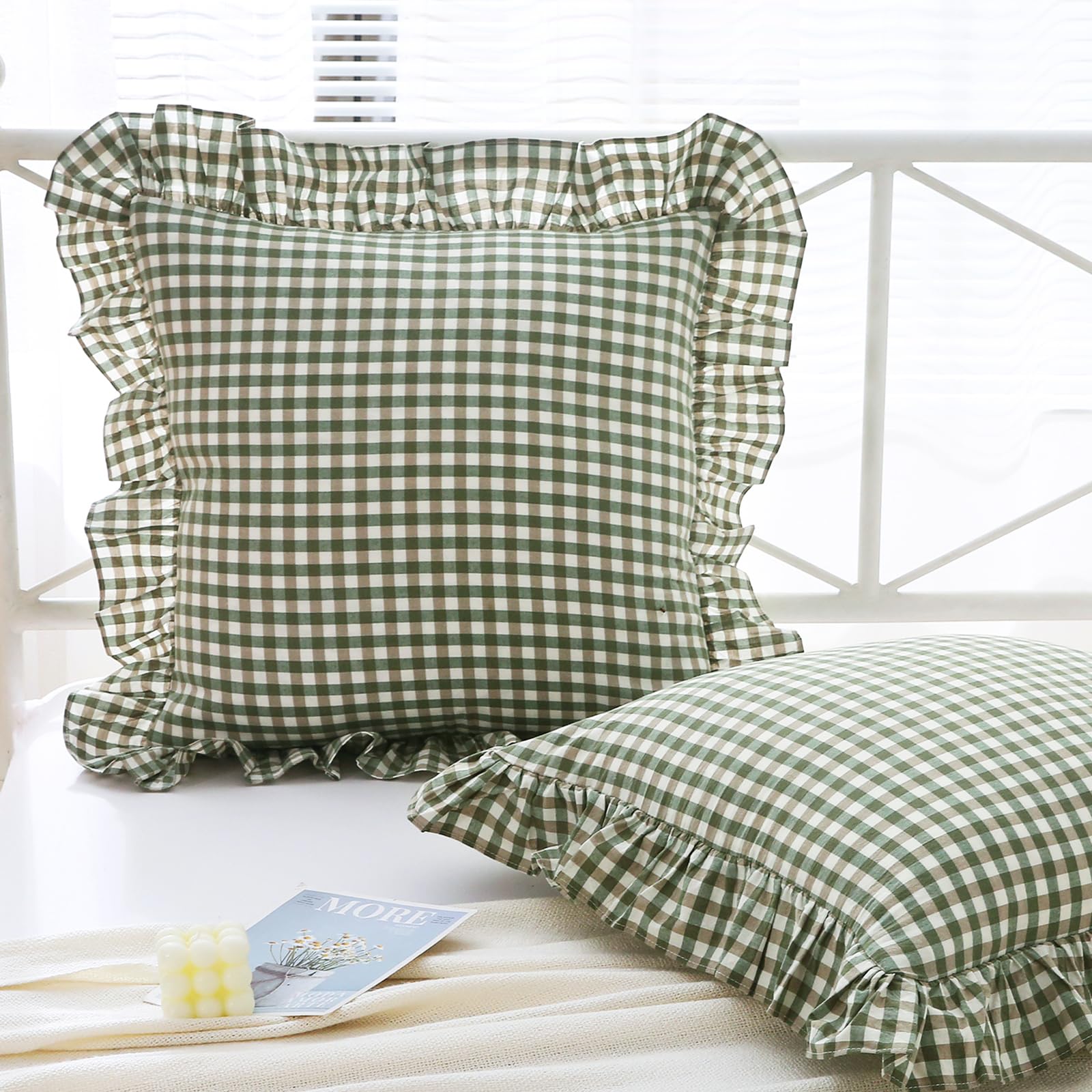 Mywinlle Sage Green Plaid Ruffle Euro Pillow Shams 26''X26'',2 Pack Vintage Checkered Washed Cotton Pillow Cases For Bed, Sofa,