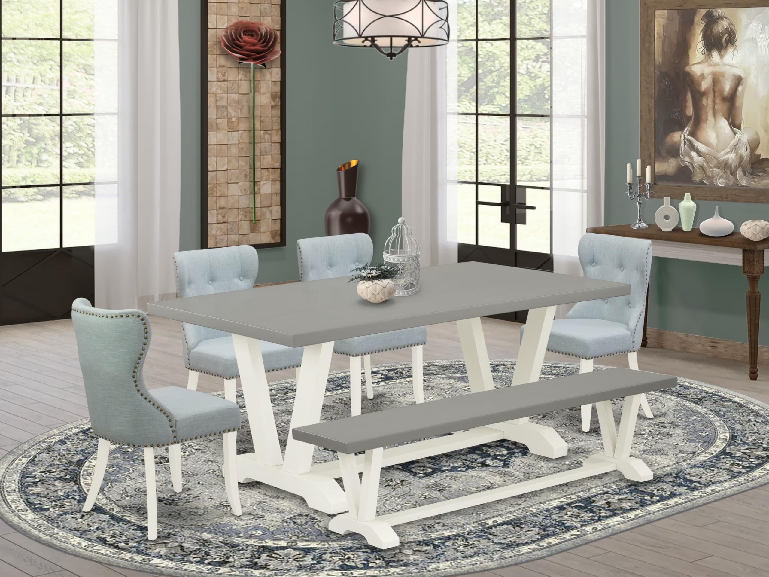East West Furniture V097Si215-6 6 Piece Dining Room Table Set Contains A Rectangle Kitchen Table With V-Legs And 4 Baby Blue Linen Fabric Parson Chairs With A Bench, 40X72 Inch, Multi-Color
