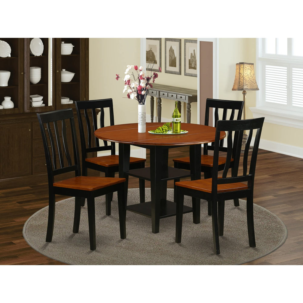 East West Furniture SUAN5-BCH-W 5 Piece Dining Set Includes a Round Dining Room Table with Dropleaf & Shelves and 4 Wood Seat Chairs, 42x42 Inch, Black & Cherry