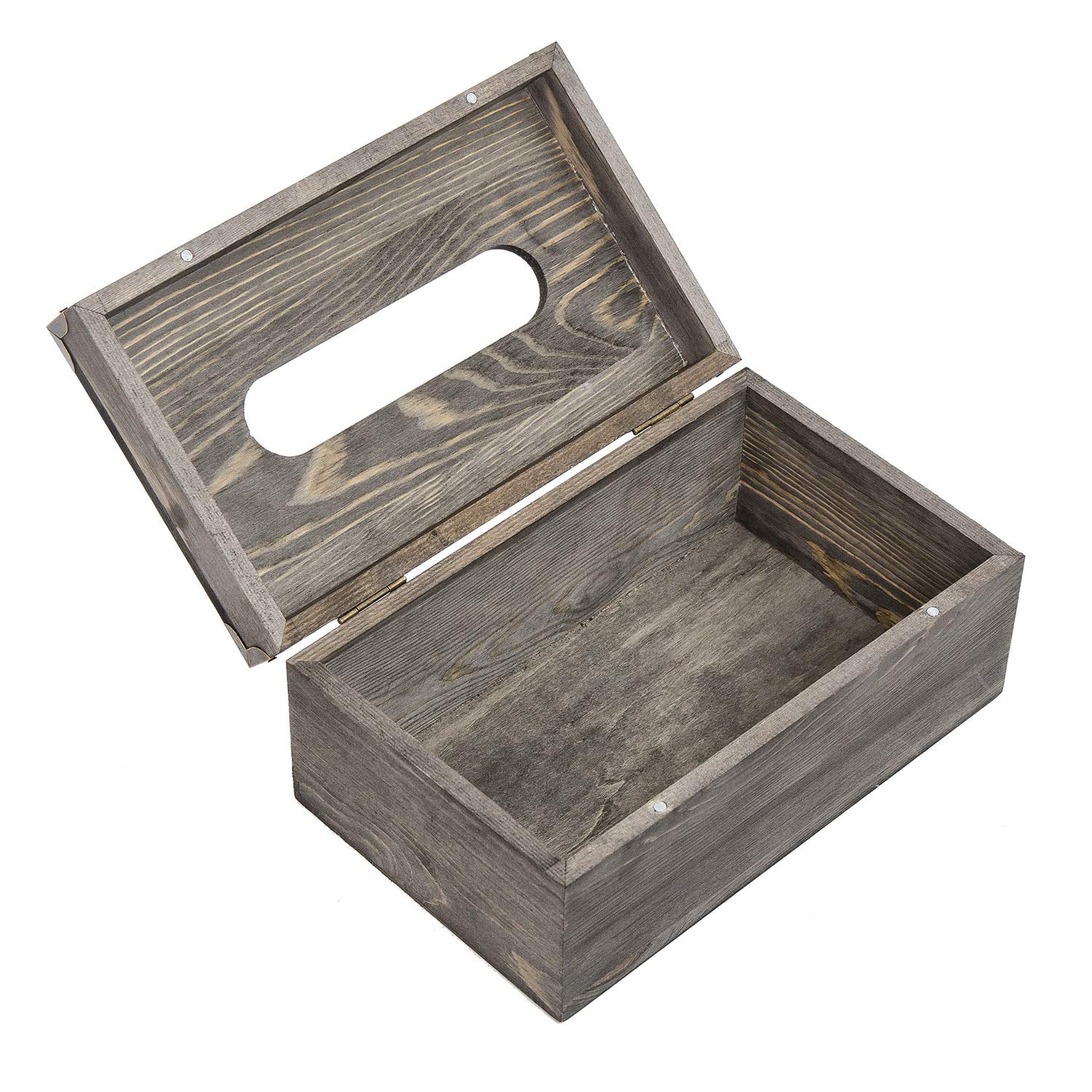 Liry Products Rustic Gray Distressed Wood Facial Tissue Paper Box Metal Corner Brackets Hinge Lid Top Cover Torched Wooden Holde