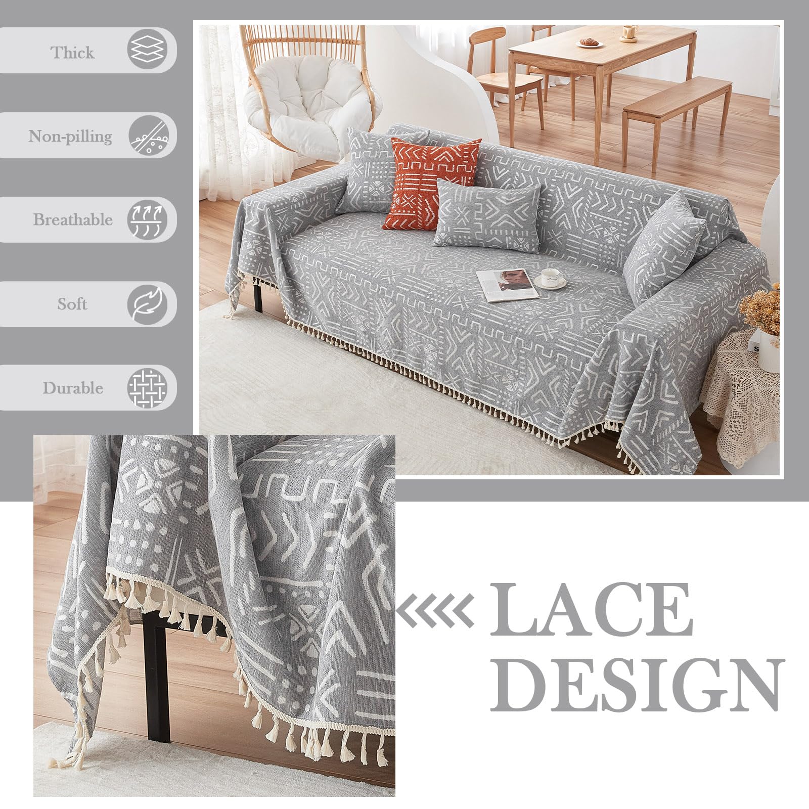 Handontime Bohemian Couch Cover For Dogs Aztec Tribal Sofa Covers For 3 Cushion Couch Aesthetic Couch Slipcover Chenille Sofa Seat Cover Pet Universal Loverseat Cover Futon Cover 71' X118', Grey/White