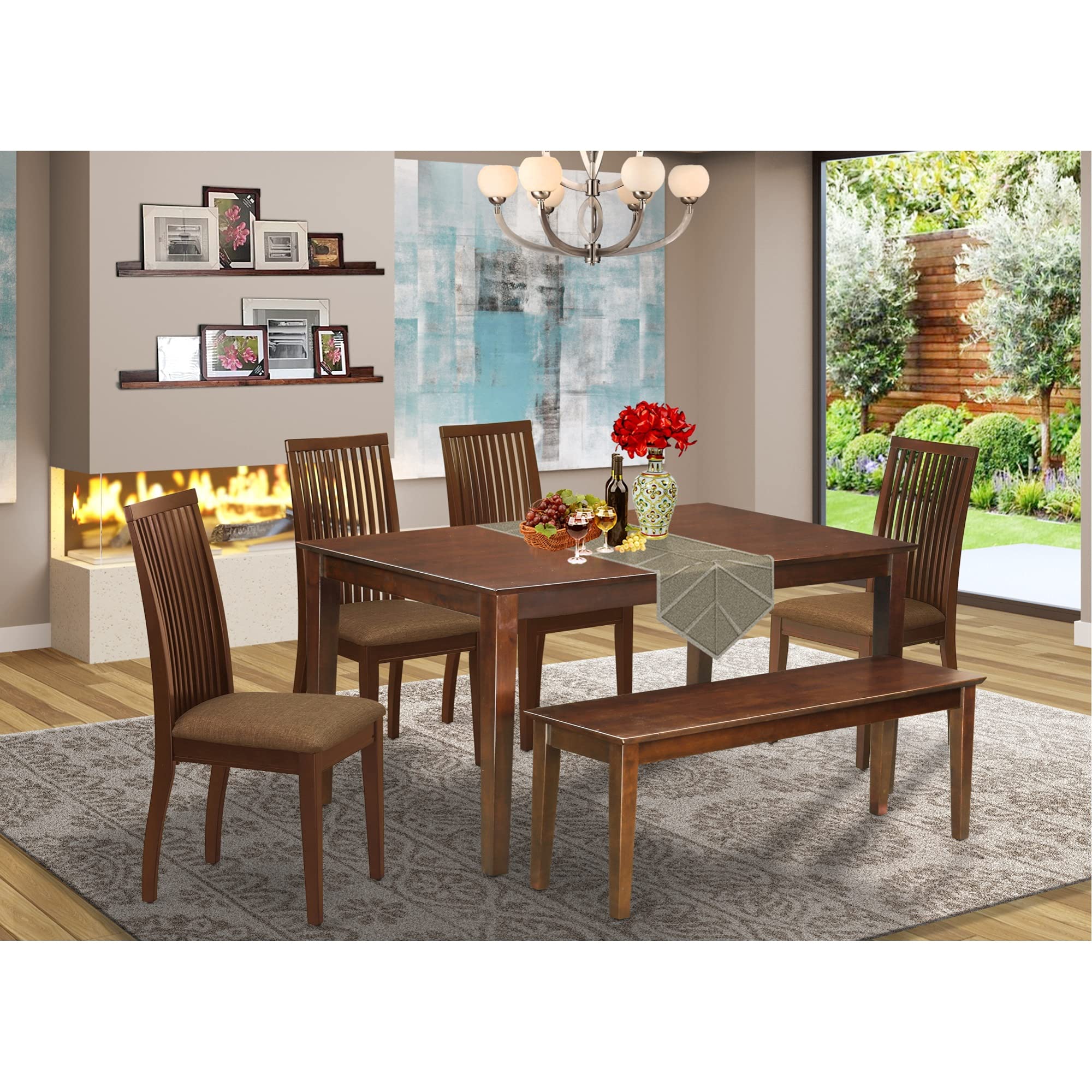 East West Furniture Caip6-Mah-C 6 Piece Modern Dining Table Set Contains A Rectangle Wooden Table And 4 Linen Fabric Upholstered Chairs With A Bench, 36X60 Inch, Mahogany