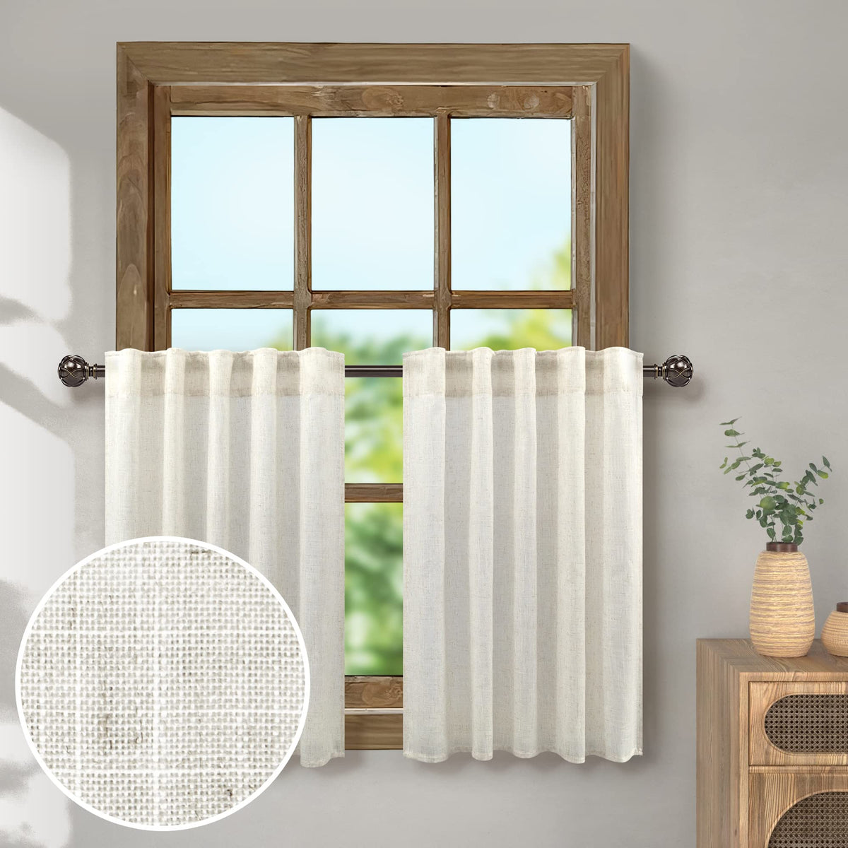 Linen Kitchen Curtains Farmhouse Style 36 Inch Length 2 Panel Tiers Back Tab Pocket Bathroom Window Curtains Short Small Cafe Cu