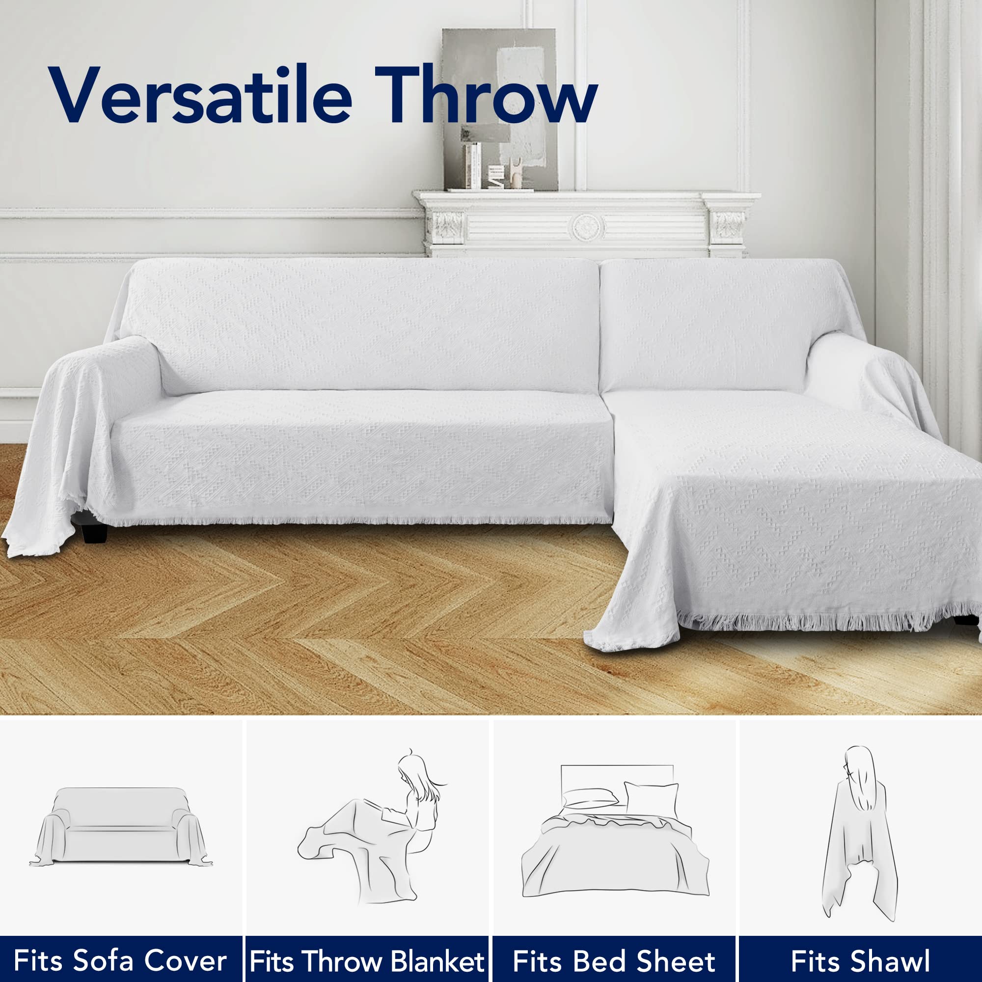 Purefit Geometric Jacquard Throw Sofa Cover - Textured Soft Washable Decorative Couch Covers For 3 Cushion Couch, Throw Cover With Tassels Furniture Protector For Pets, Kids (Large, White)